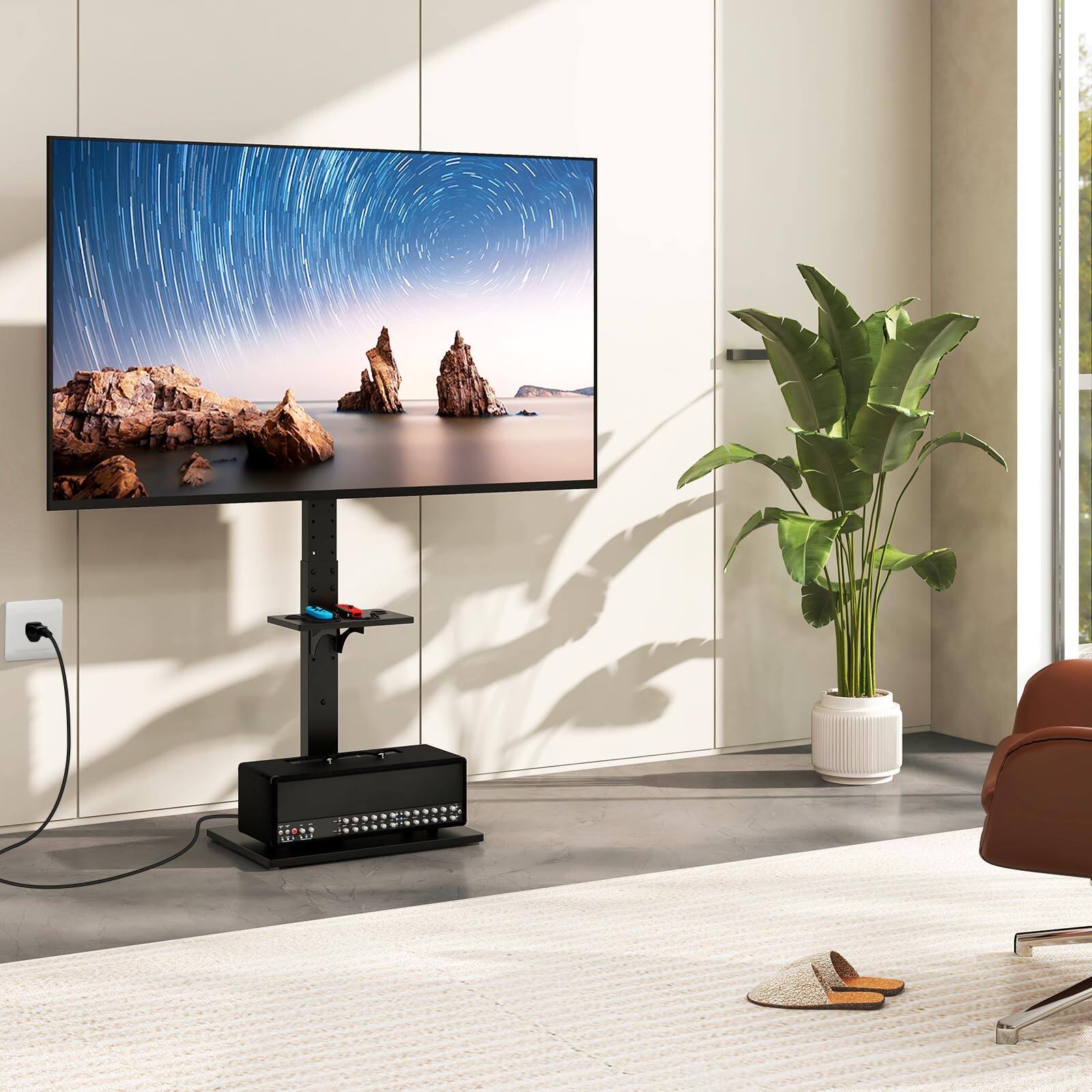 Alt View 1. Ecooso - Tilt and Height-Adjustable Floor TV Stand with Power Outlet and AV Shelf - Black.