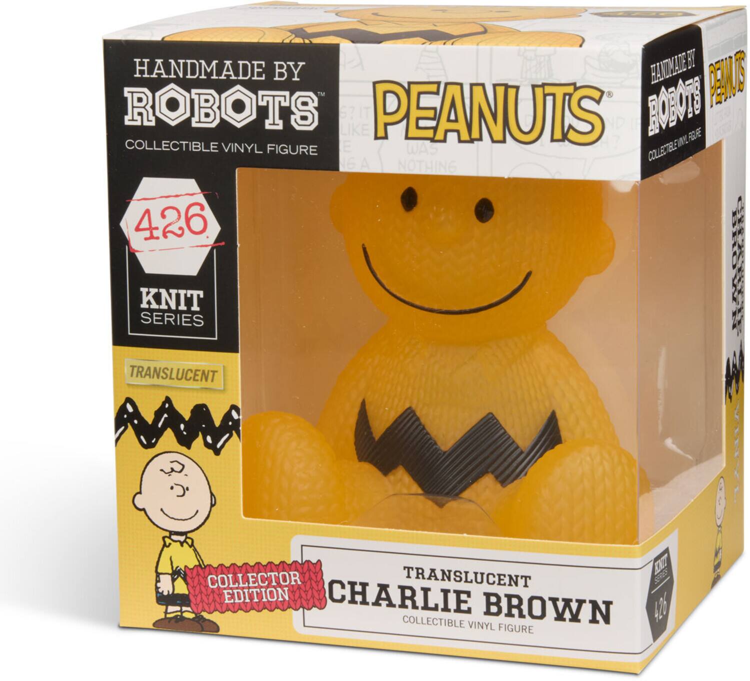 HANDMADE BY ROBOTS  
COLLECTIBLE VINYL FIGURE  

PEANUTS  

426  
KNIT SERIES  

TRANSLUCENT  
CHARLIE BROWN  
COLLECTOR EDITION