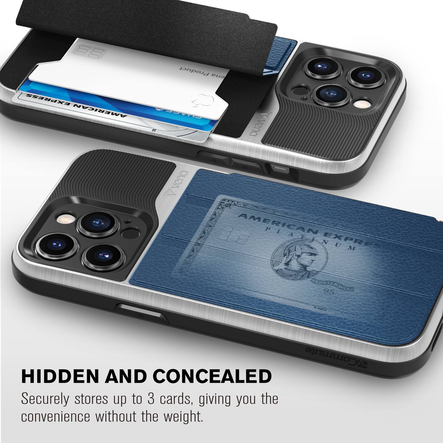 HIDDEN AND CONCEALED
Securely stores up to 3 cards, giving you the convenience without the weight.