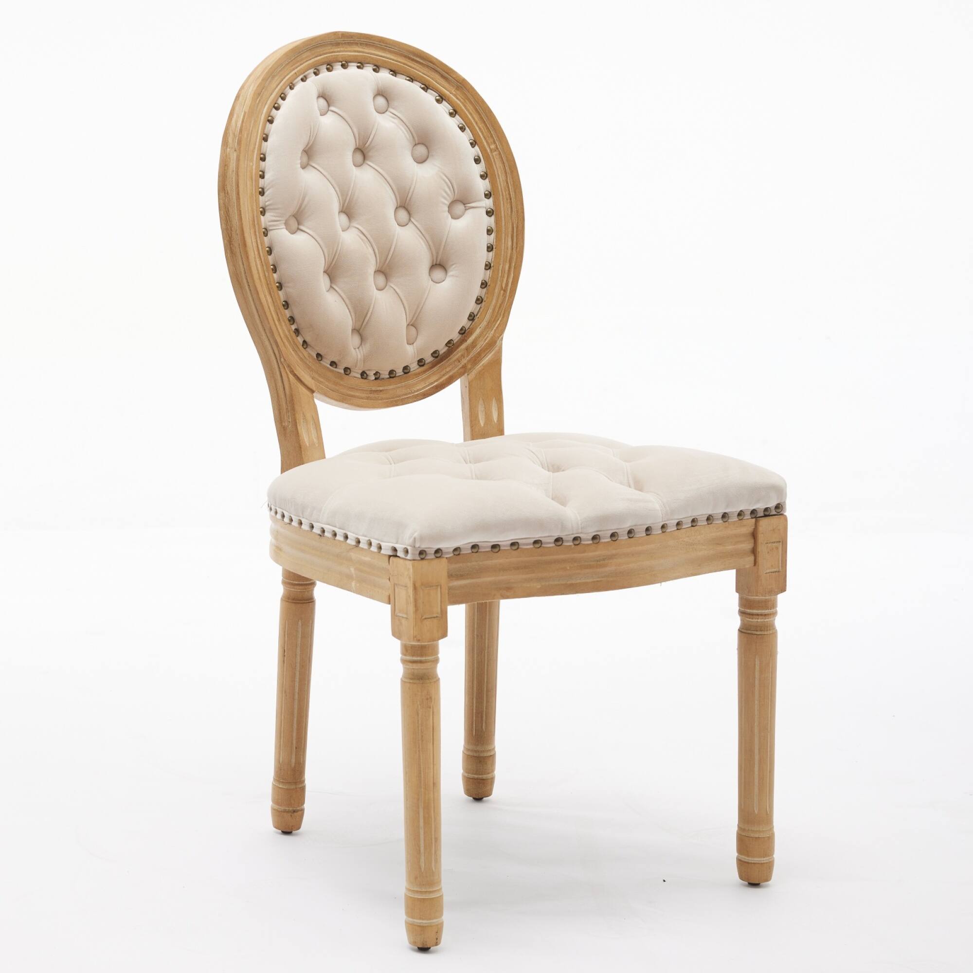 Back. GOODSILO - French Style Solid Wood Frame Antique Dining Chairs with Hand-Pulled Buckle Decoration and Nailhead Trim, Set of 2 - Beige.