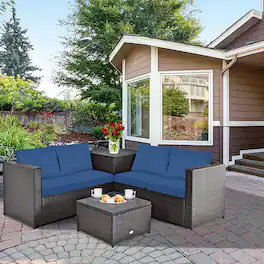 Costway - 4PCS Patio Rattan Furniture Set Cushioned Loveseat Storage Table - Blue