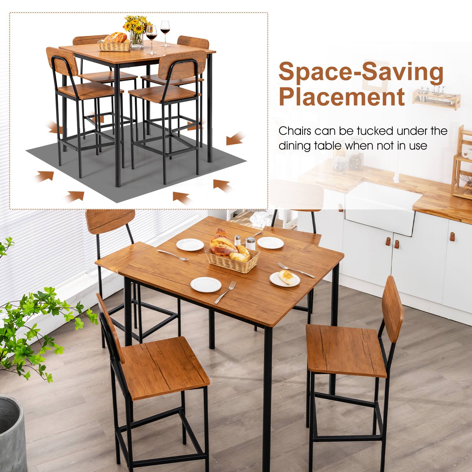 Space-Saving Placement
Chairs can be tucked under the dining table when not in use