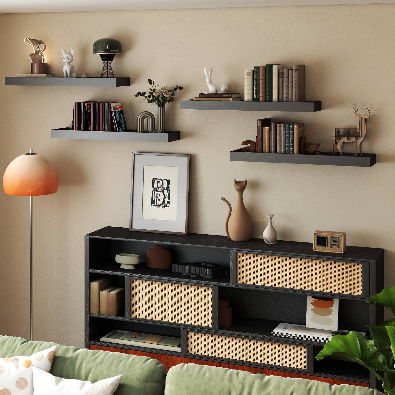 The text in the image is not clearly visible or legible. However, based on the context and common items in such settings, here is a plausible grouping and correction of the text:

1. **Books and Magazines:**
   - Titles on the shelves are not clearly readable, but they appear to be a mix of books and magazines.

2. **Decorative Items:**
   - No discernible text on decorative items like the cat figurine, rabbit, deer, or other ornaments.

3. **Framed Art:**
   - The framed art in the center has a black and white illustration but no visible text.

4. **Lamp and Vases:**
   - No text on the lamp or vases.

5. **Radio:**
   - The radio on the bottom shelf has no visible text.

6. **Notebook:**
   - The notebook on the bottom shelf has no visible text.

7. **Other Items:**
   - No text on other items like the plant or pillows.

If you have specific text you want to be corrected or grouped, please provide it, and I can help further!