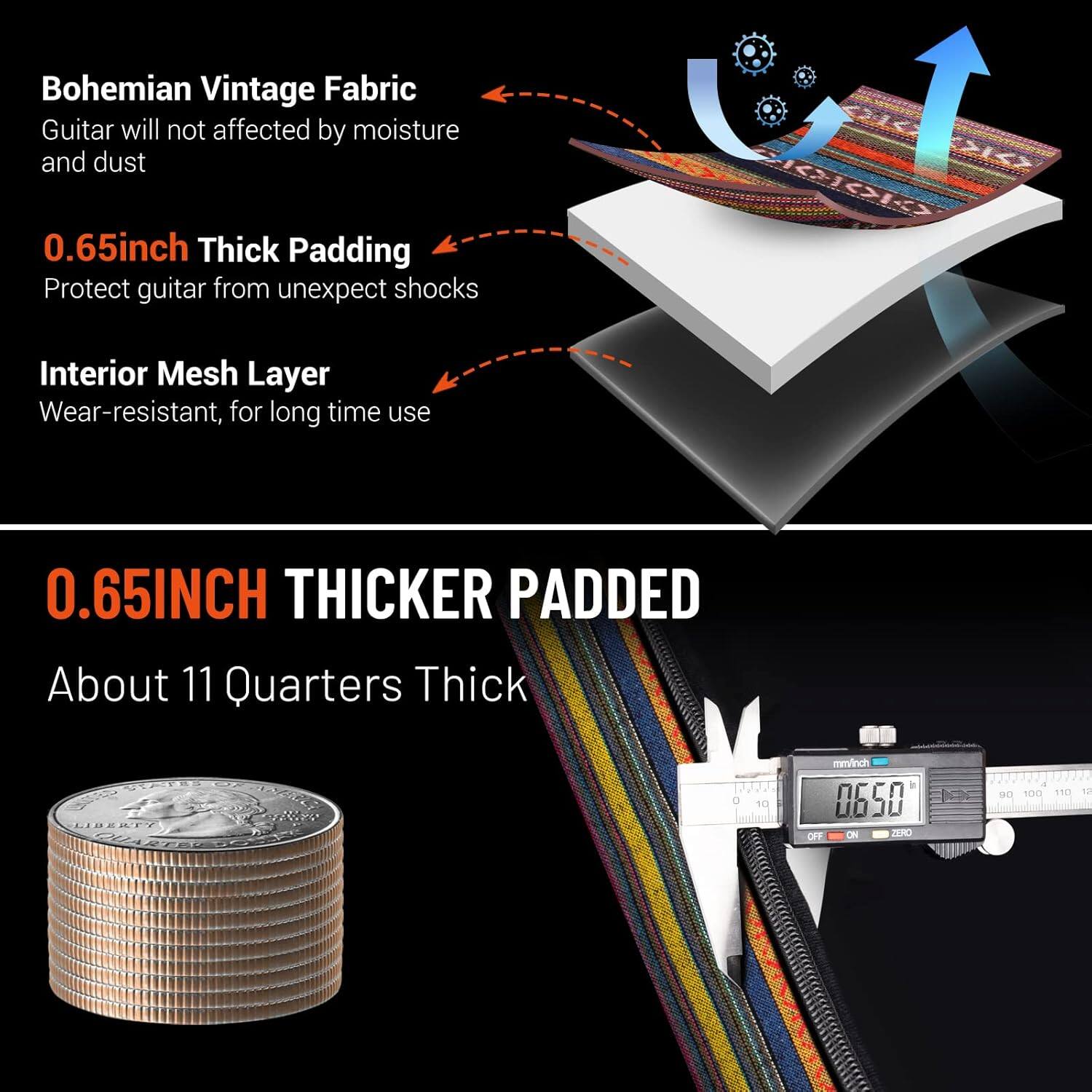 Bohemian Vintage Fabric  
Guitar will not be affected by moisture and dust  

0.65inch Thick Padding  
Protect guitar from unexpected shocks  

Interior Mesh Layer  
Wear-resistant, for long time use  

0.65INCH THICKER PADDED  
About 11 Quarters Thick