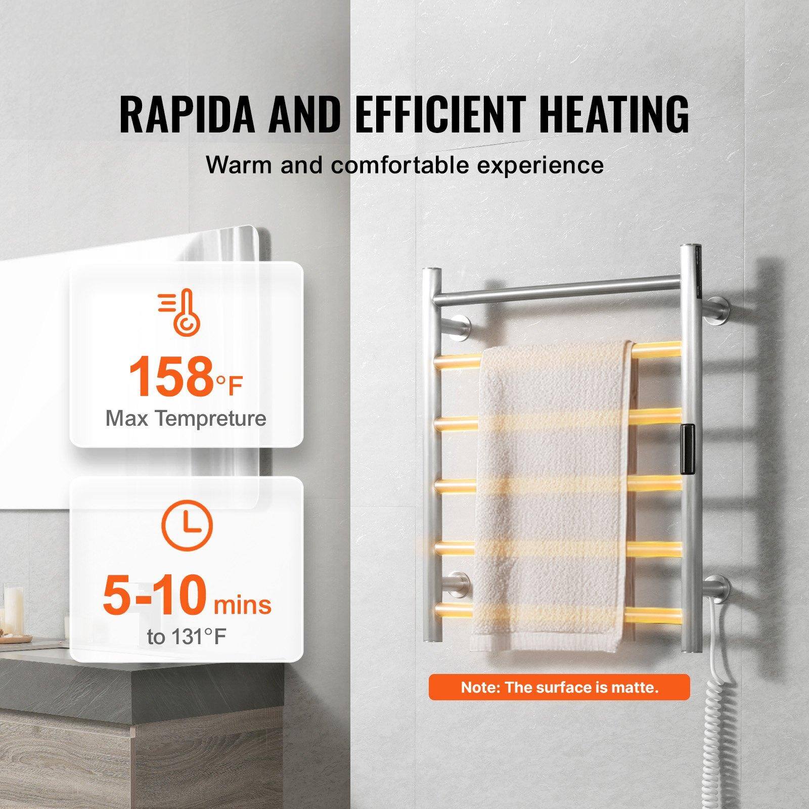 RAPIDA AND EFFICIENT HEATING  
Warm and comfortable experience  

158°F  
Max Temperature  

5-10 mins to 131°F  

Note: The surface is matte.