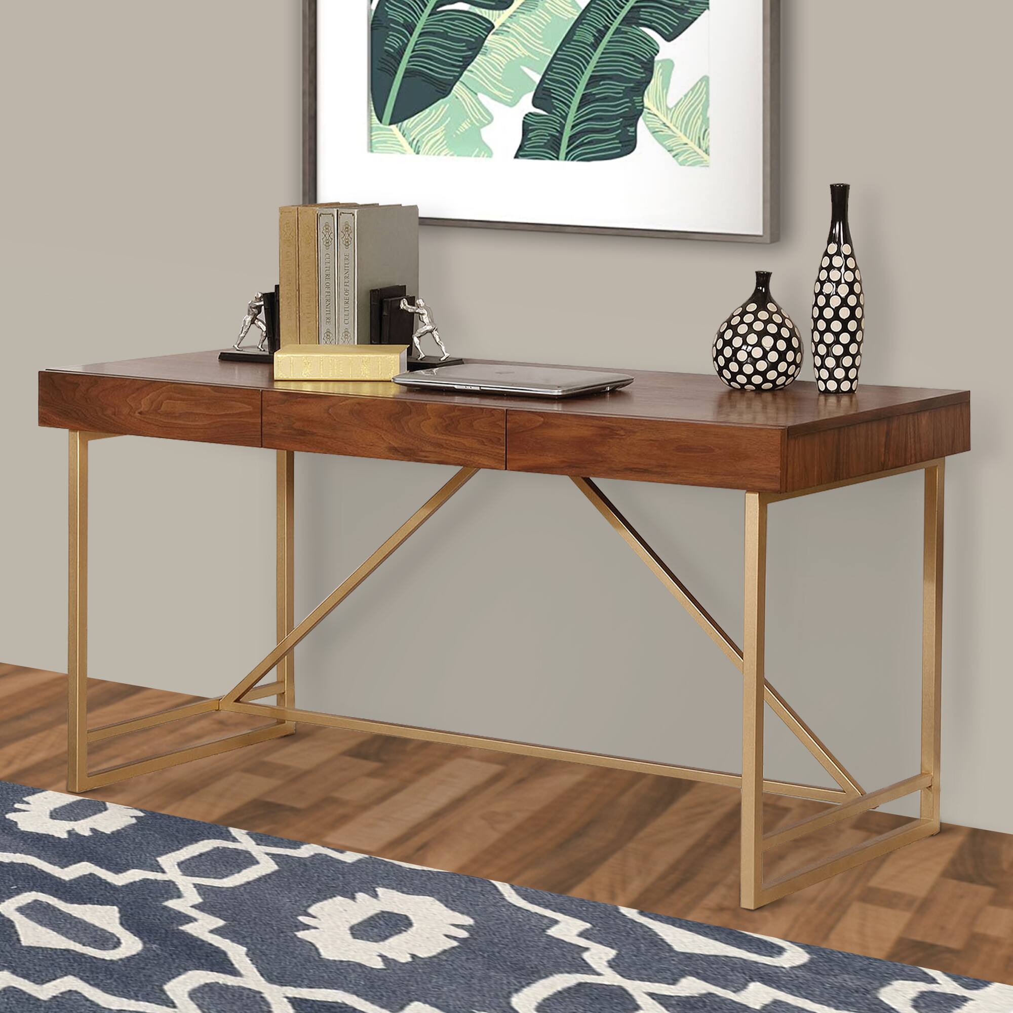 Alt View 2. Manhattan Lane - Modern Style Wooden Writing Desk with Unique Metal Legs, Walnut Brown and Gold - Brown and Gold.