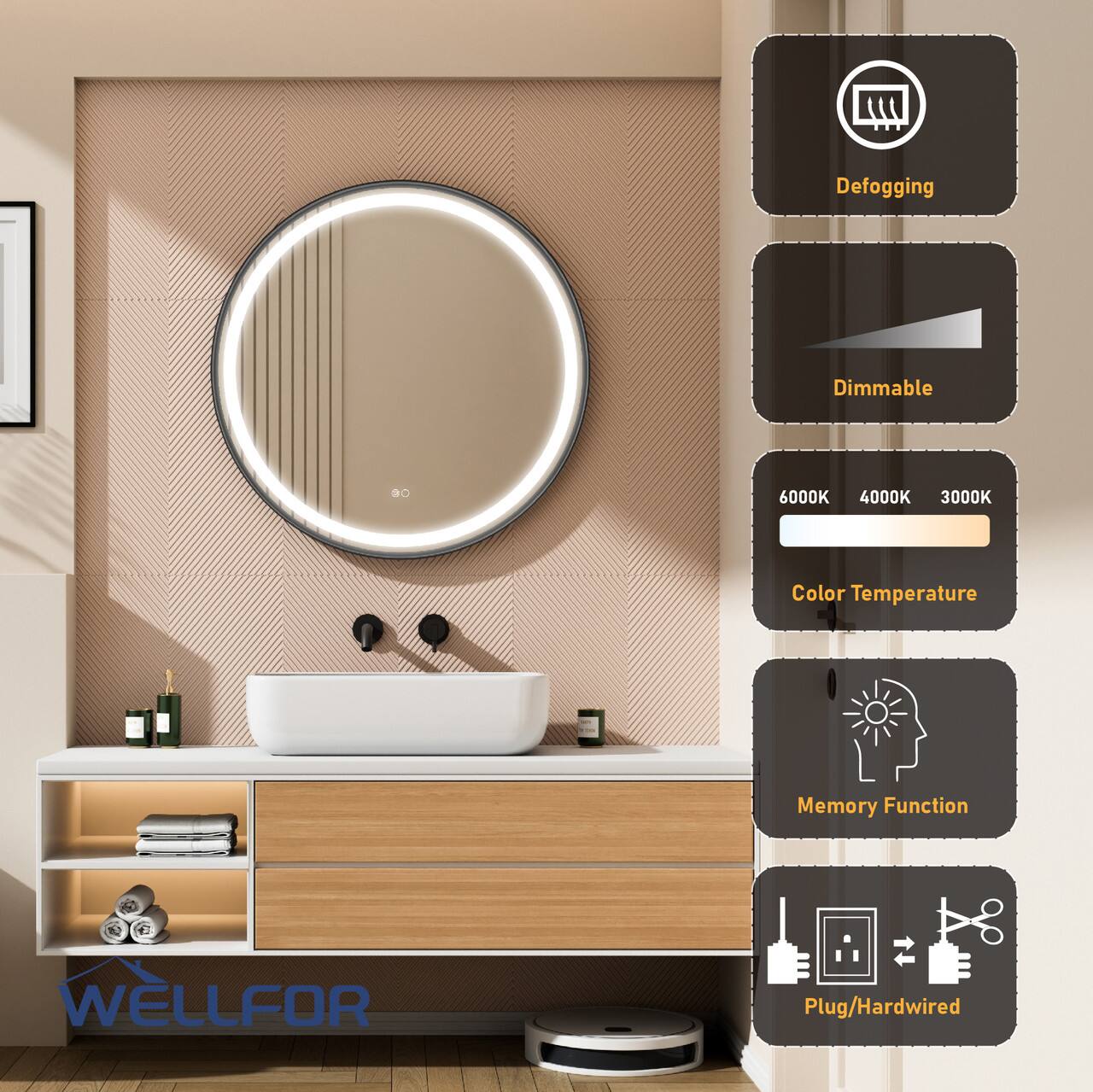 Defogging Dimmable 90 6000K 4000K 3000K Color Temperature Memory Function WELLFOR Plug/Hardwired