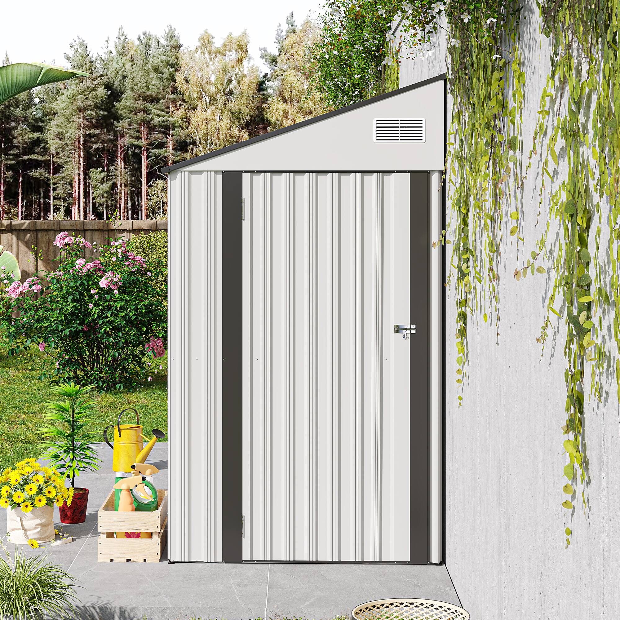 Angle. Anysun - 4x8ft Metal Storage Shed with Single Hinge Door & Ventilation, Heavy-Duty Outdoor Garden Tool Shed for Backyard - White.