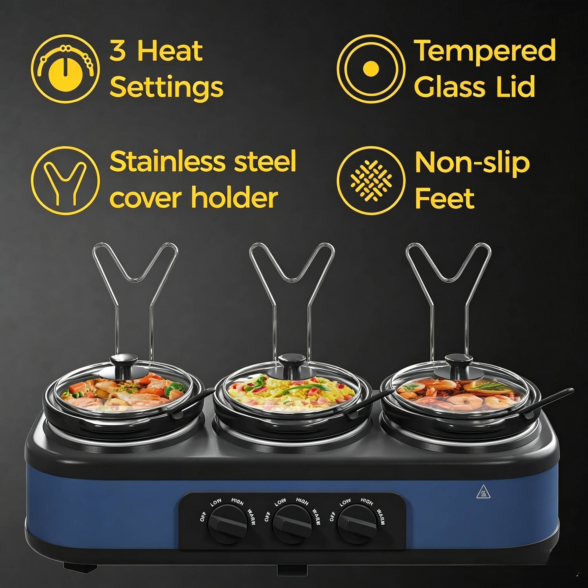 3 Heat Settings  
Tempered Glass Lid  
Stainless steel cover holder  
Non-slip Feet