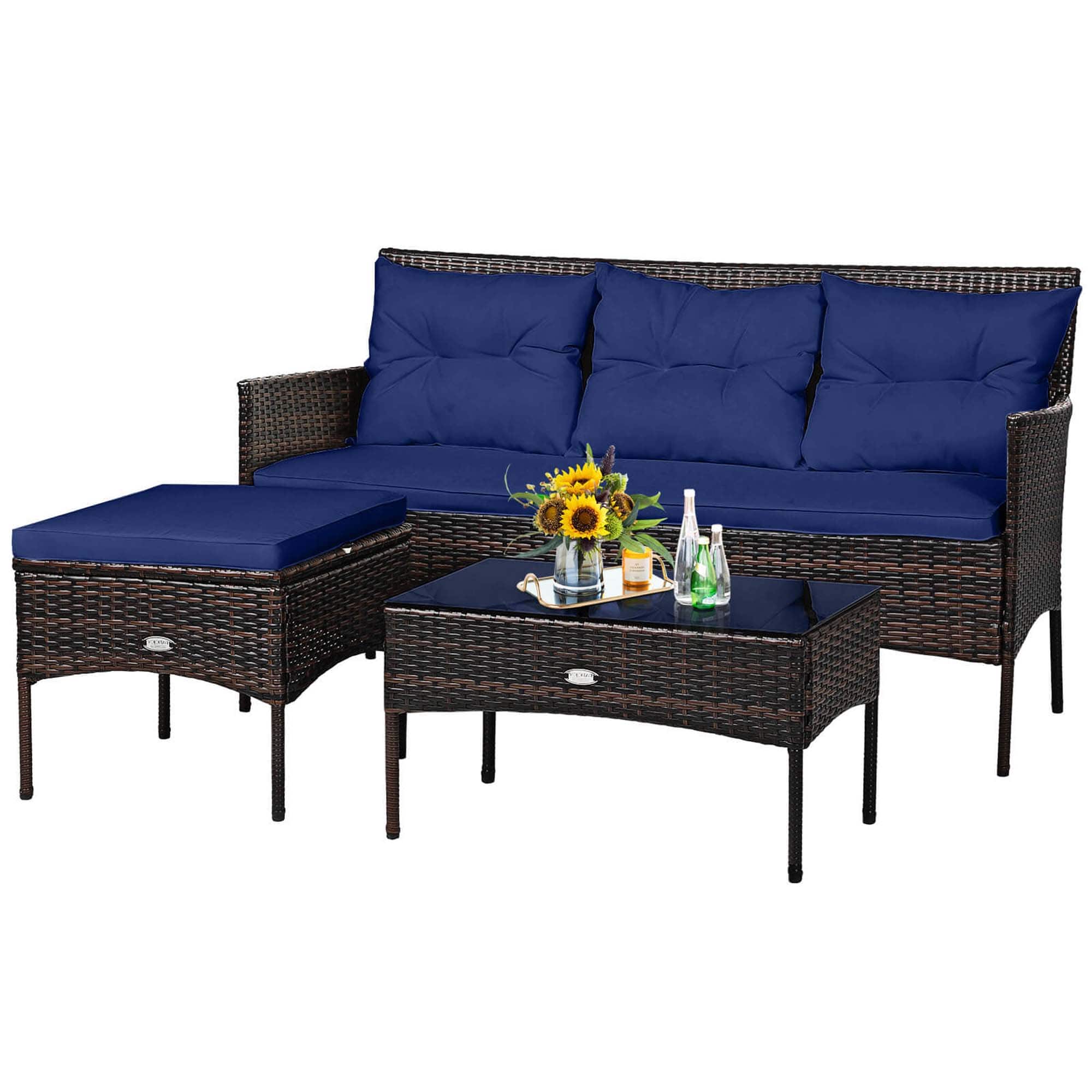 Alt View 11. Costway - 3PCS Patio Rattan Furniture Set 3-Seat Sofa Cushioned Table Garden - Mix Brown,Navy.
