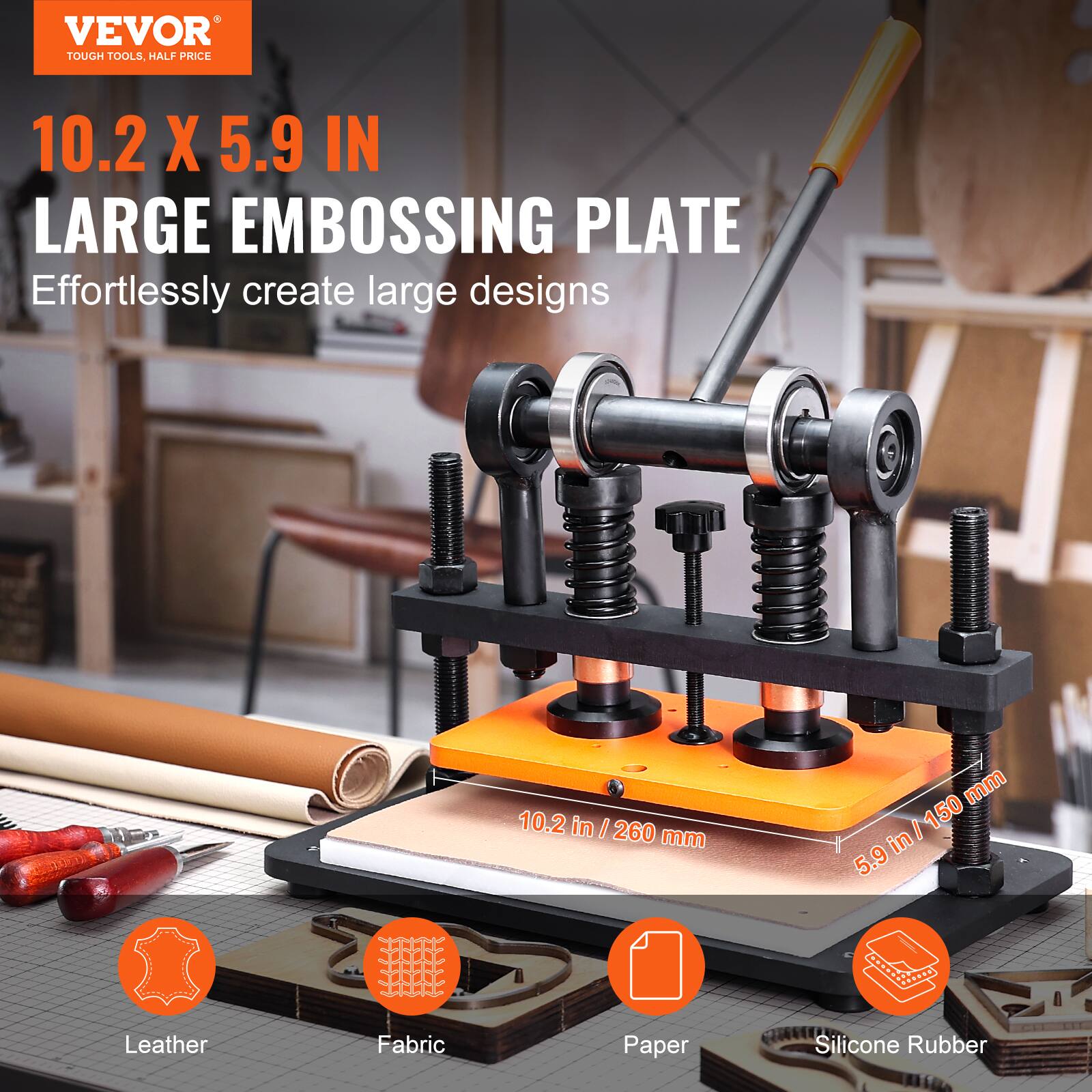 VEVOR TOUGH TOOLS, HALF PRICE

10.2 X 5.9 IN LARGE EMBOSHING PLATE
Effortlessly create large designs

10.2 in / 260 mm
5.9 in / 150 mm

Leather
Fabric
Paper
Silicone Rubber