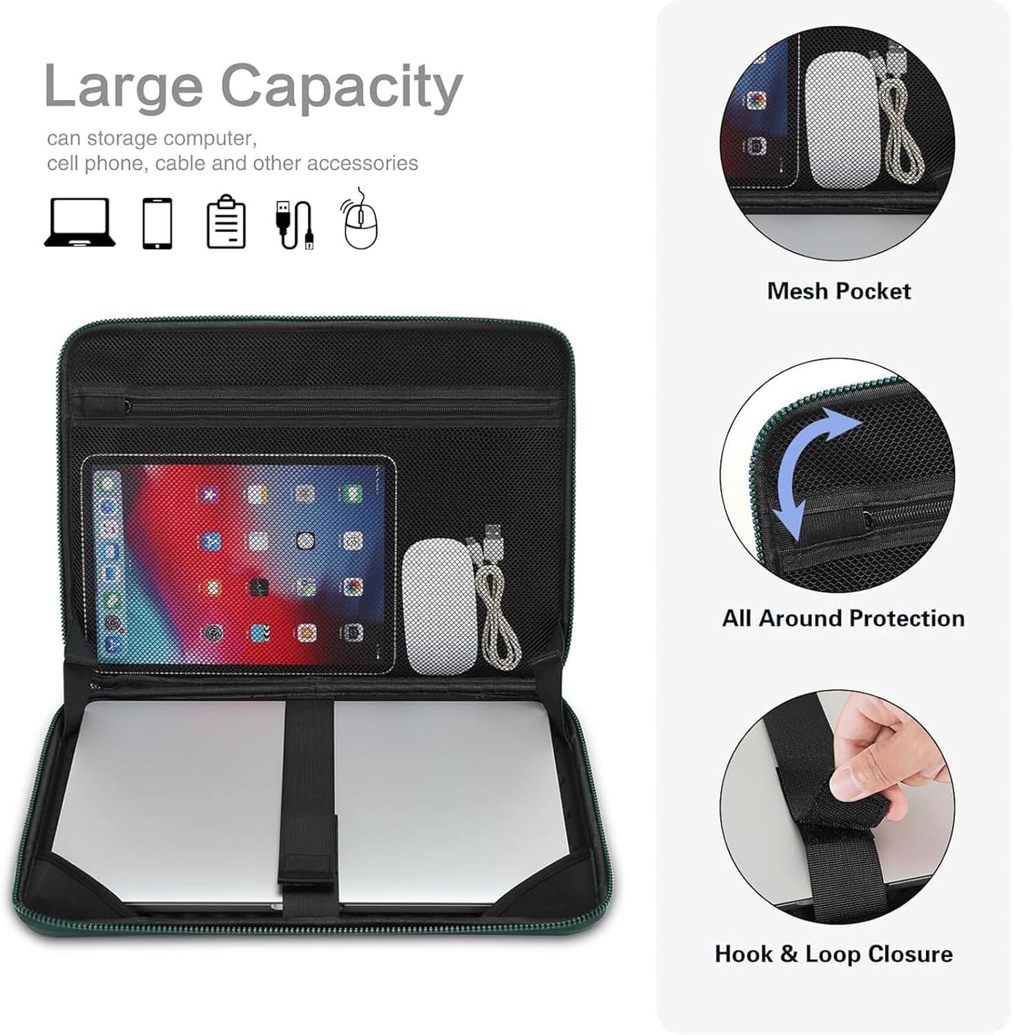 Large Capacity  
can storage computer, cell phone, cable and other accessories  

Mesh Pocket  

All Around Protection  

Hook & Loop Closure