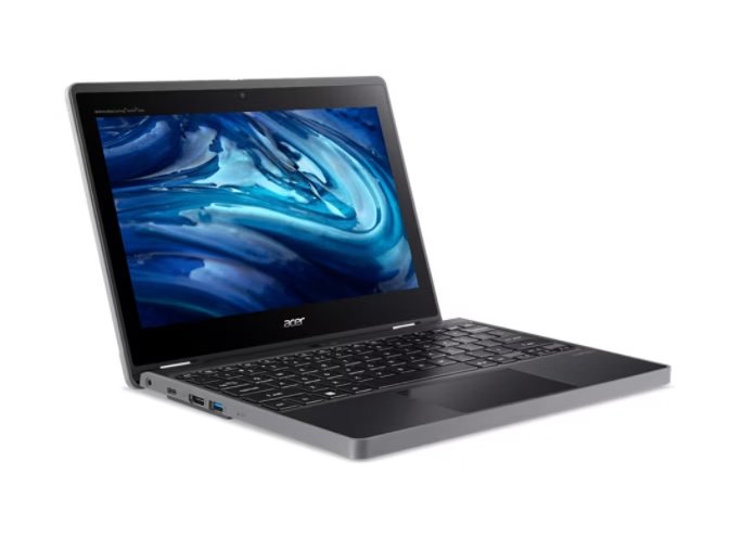 Angle. Acer - TravelMate B3 Spin 11 Intel N100 4GB RAM 128GB SSD 11.6″ HD Touch 2-in-1 Windows 11 Pro - Shale Black.