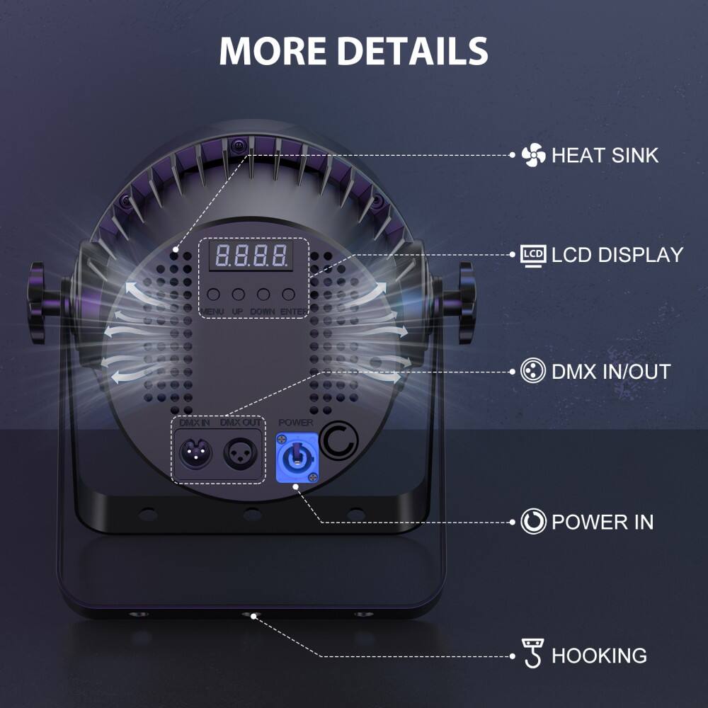 - MORE DETAILS
- HEAT SINK
- LCD DISPLAY
- DMX IN/OUT
- POWER IN
- HOOKING