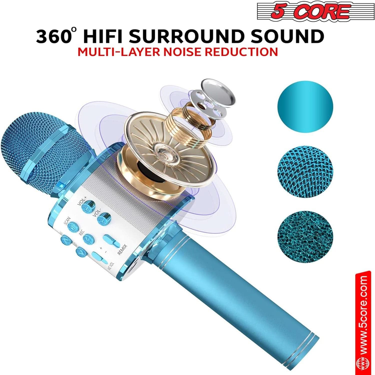 5 CORE  
360° HIFI SURROUND SOUND  
MULTI-LAYER NOISE REDUCTION  

VOL+ VOL- SCAN D REC V REMIX  

www.5core.com