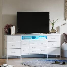 Qeetex - 70" Long Dresser TV Stand for 65–80" TVs, Entertainment Center with 13 Drawers, Power Outlets & LED Lighting - White