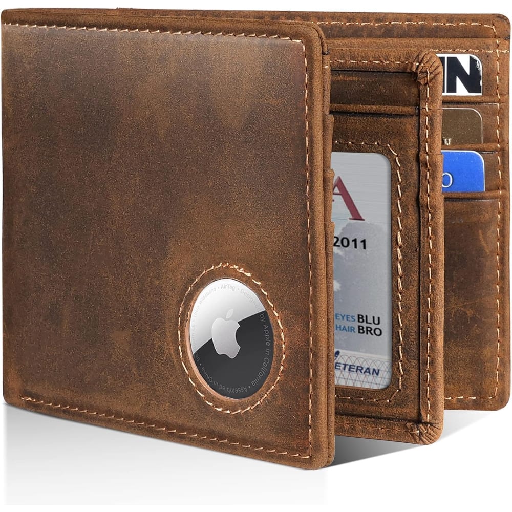 ZUQIETA - Men's AirTag Wallet - Leather Bifold RFID Blocking with Gift Box & Screen Protector - Coffee Brown