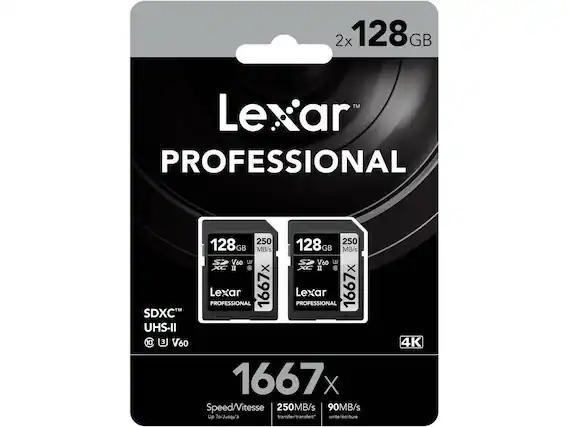 2x 128 GB Lexar Professional SDXC UHS-II 1667x
Speed/Vitesse: 250MB/s
Write/Écriture: 90MB/s
Up To/Jusqu'à: 4K
V60
1080p 30fps
1667x
250MB/s
90MB/s