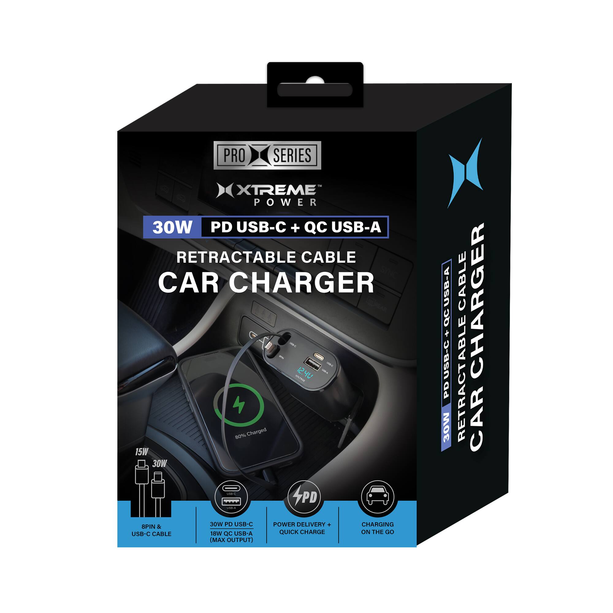 PRO SERIES - XTREME POWER 30W PD USB-C + QC USB-A RETRACTABLE CABLE CAR CHARGER

- 15W 30W 4PD USB-A
- 30W PD USB-C
- 8PIN & USB-C CABLE
- MAX OUTPUT POWER DELIVERY QUICK CHARGE
- CHARGING ON THE GO