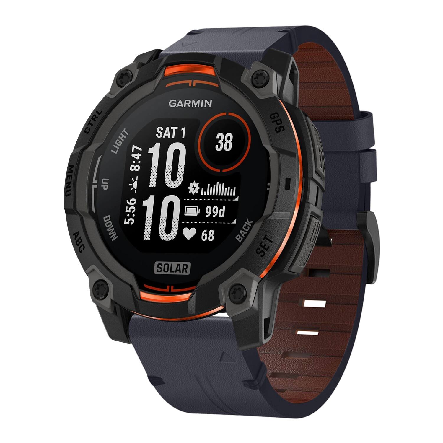 GARMIN CTRL SAT 1 GPS LIGHT 38 8:47 10 MENU UP * 5:56 10 99d ABC DOWN 68 BACK SET SOLAR