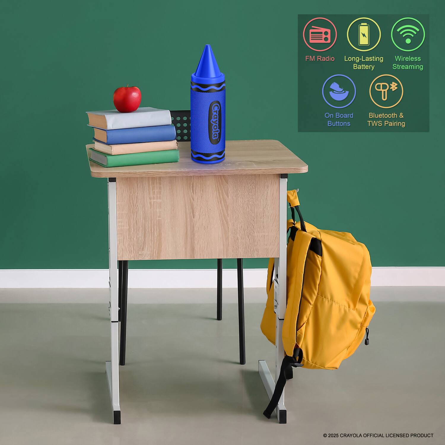 FM Radio  
Long-Lasting Battery  
Wireless Streaming  
On Board Buttons  
Bluetooth & TWS Pairing  

© 2025 CRAYOLA OFFICIAL LICENSED PRODUCT