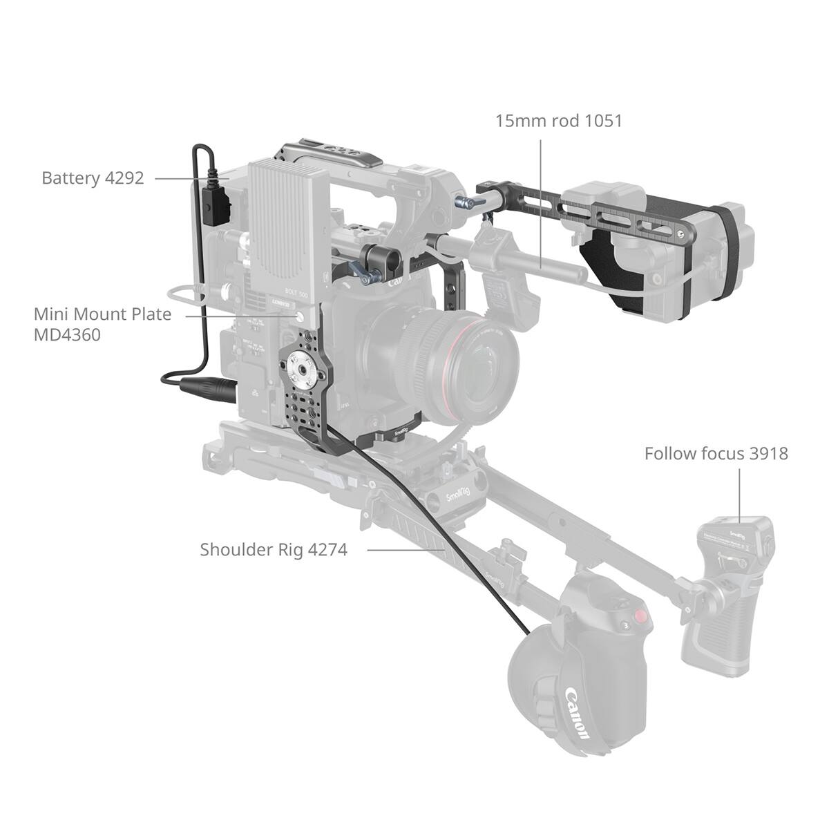 15mm rod 1051  
Battery 4292  
Mini Mount Plate MD4360  
BOLT 500 LEMBATO  
Follow focus 3918  
Shoulder Rig 4274  
Canon