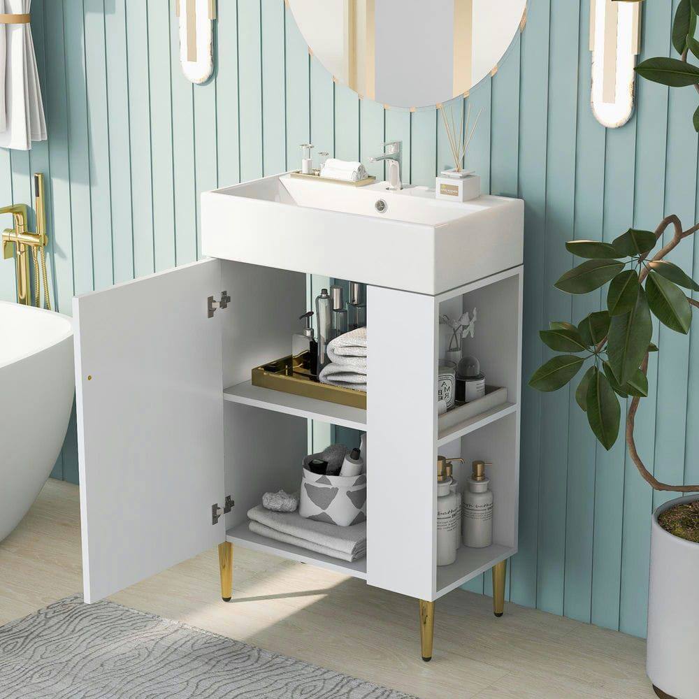 Alt View 4. Kadyn - 21.6" white Bathroom vanity, Combo Cabinet, Bathroom Storage Cabinet, Single Ceramic Sink, Right side storage - White.