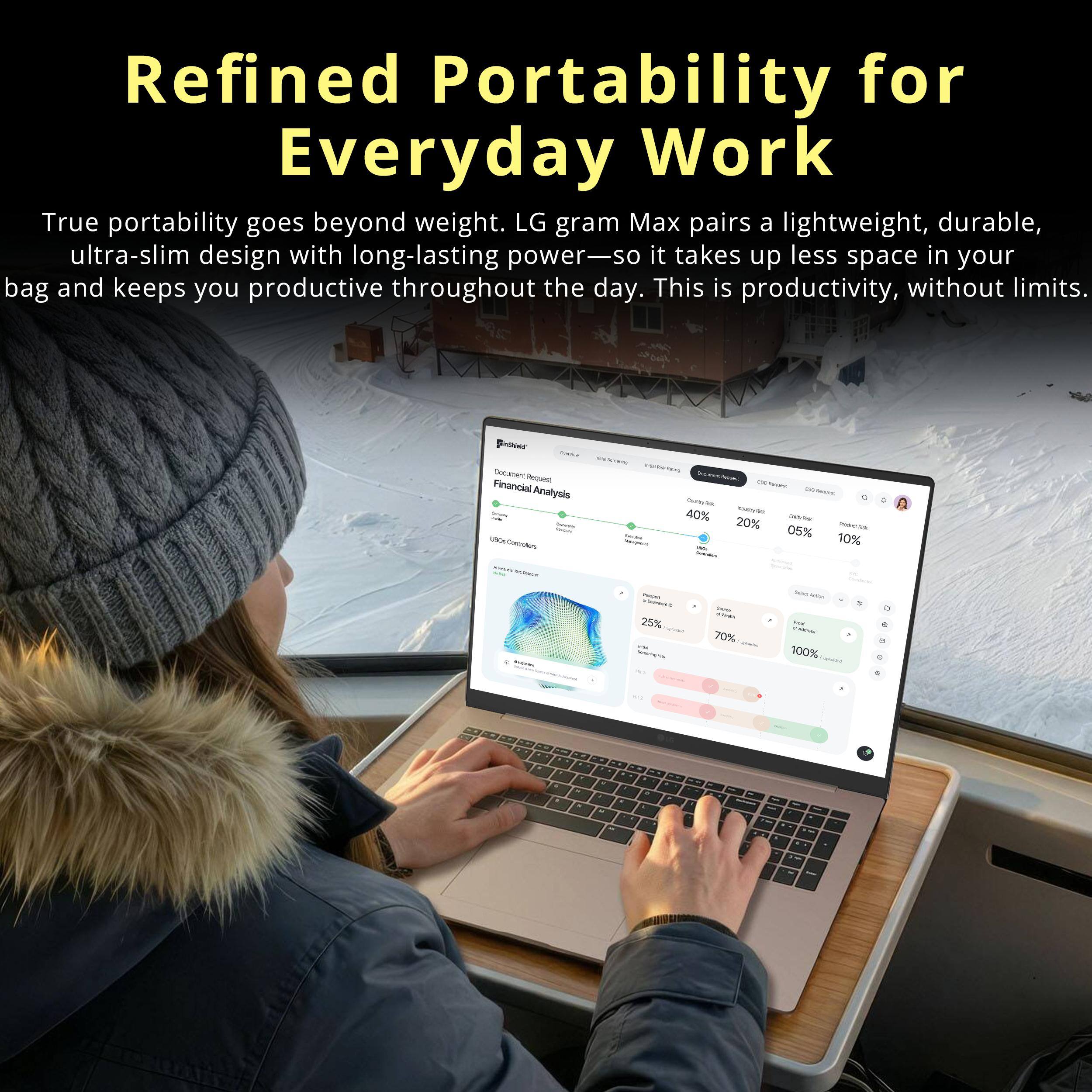 Refined Portability for Everyday Work

True portability goes beyond weight. LG gram Max pairs a lightweight, durable, ultra-slim design with long-lasting power—so it takes up less space in your bag and keeps you productive throughout the day. This is productivity, without limits.

Showe Document Request Financial Analysis - loves USOs Controles

Shomen Daily 40% 20% - Contains

Reised Ody 05% PRODUCTIVE 10%

- Vitamin 25% Vital Spawaights

Sodia 70% -

Salley Adve. - - 100%

c 6

+