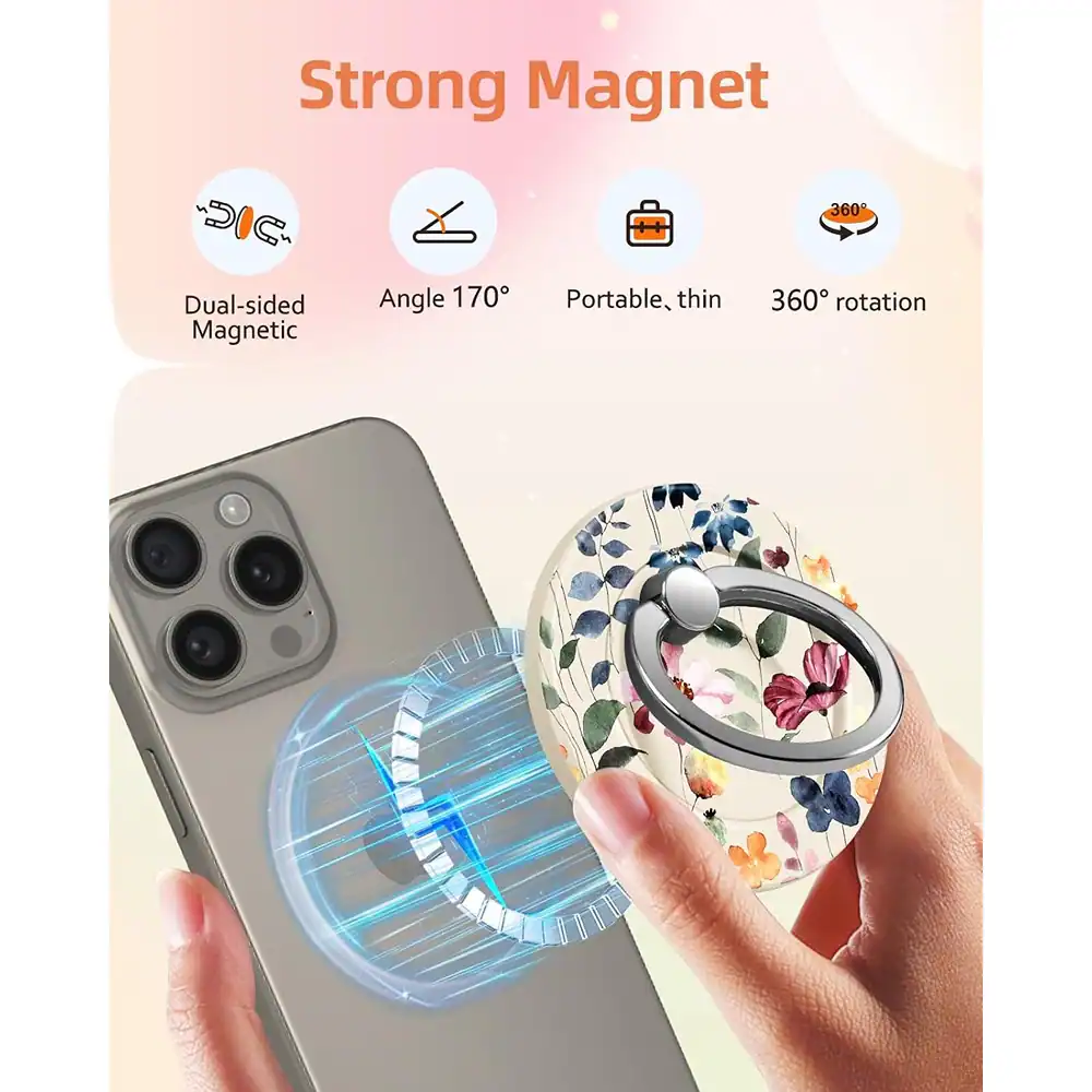 Angle. PARKER SLATER - Magnetic Phone Ring Holder for MagSafe iPhone 17–12, Leaf Flower Design - Multicolor.