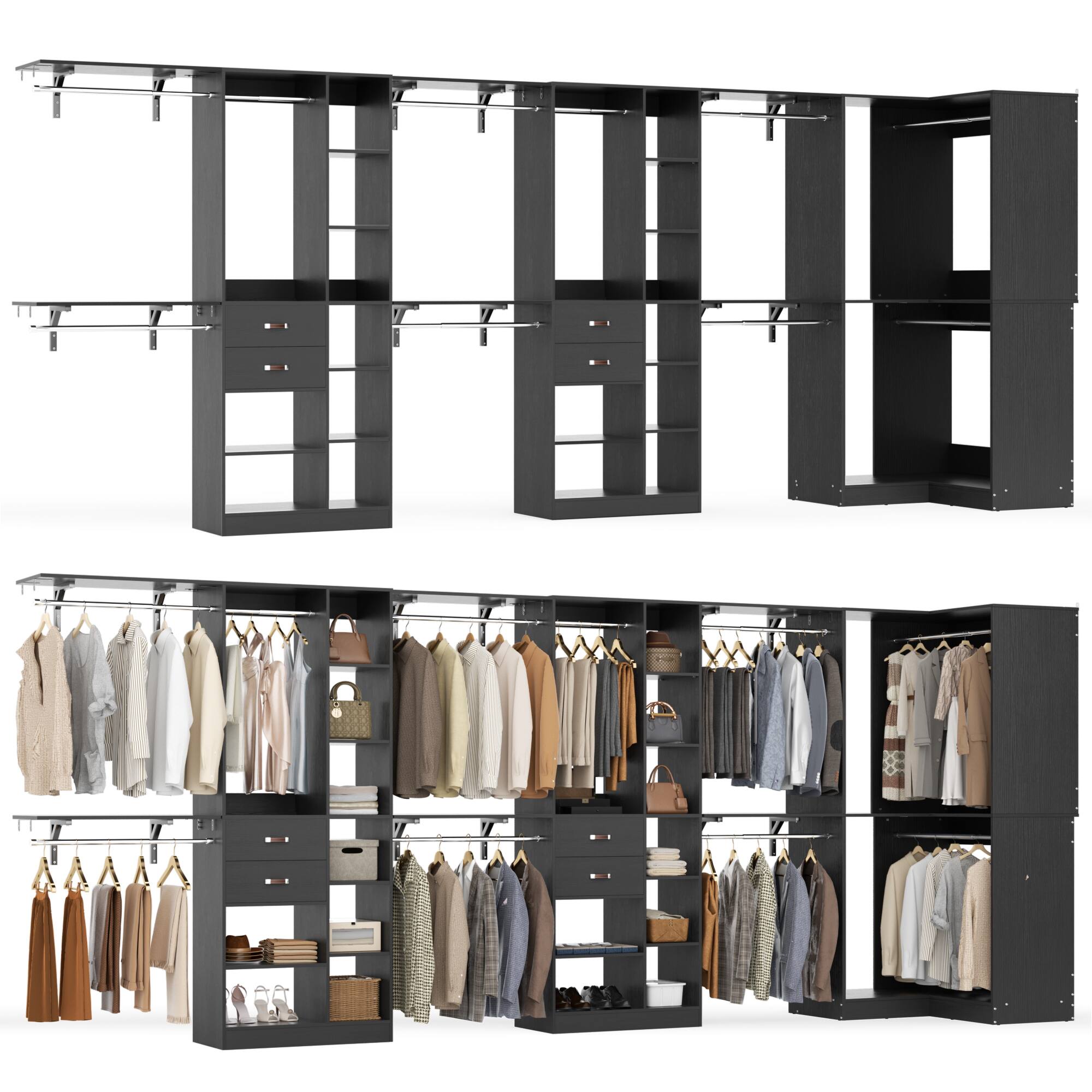Angle. Aheaplus - 126'' L Shaped Closet System with 4 Drawers, 8 Hanging Rods and Adjustable Shelves, Reversible, Set of 3 - Black.