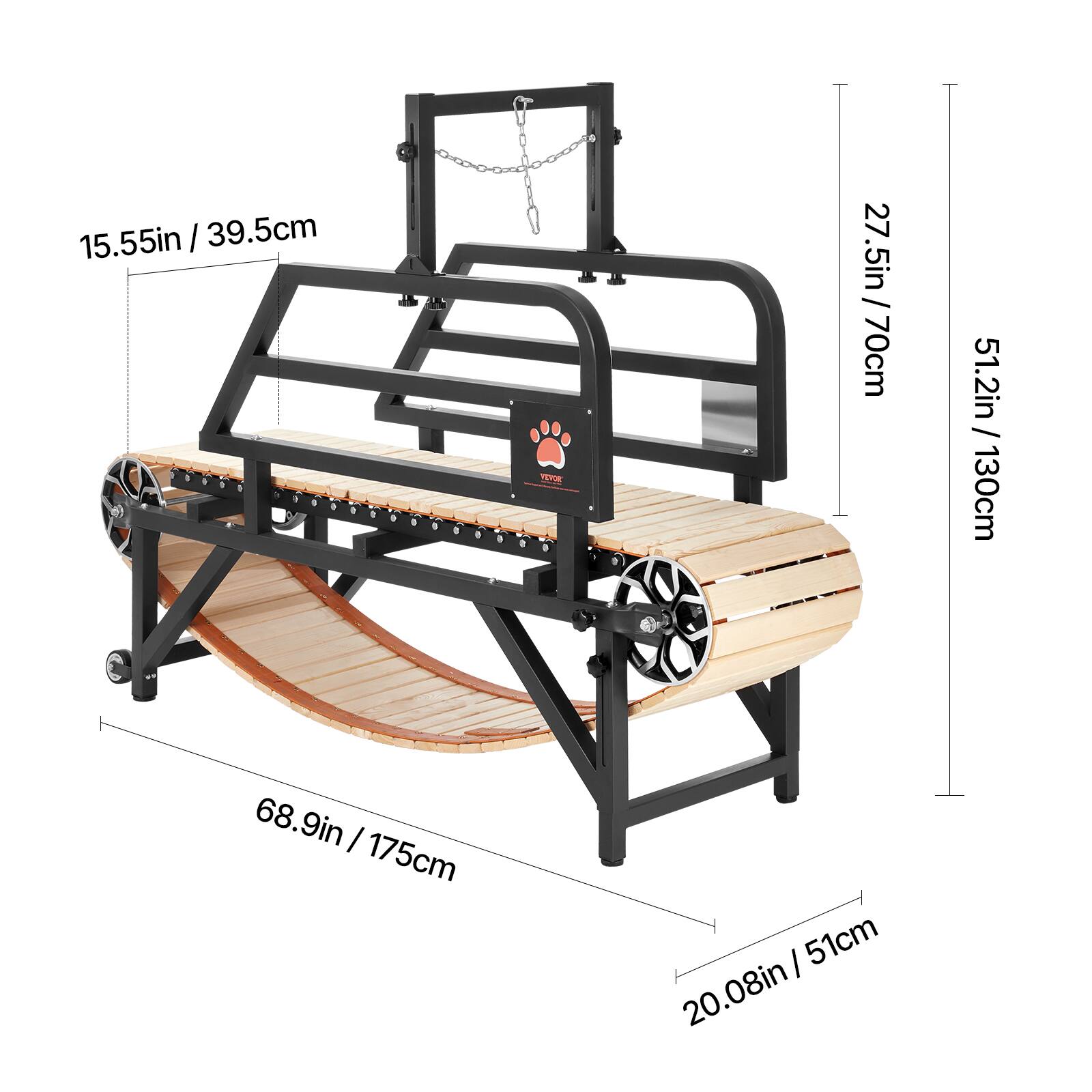 15.55in/39.5cm, 27.5in/70cm, 51.2in / 130cm, 68.9in / 175cm, 20.08in / 51cm