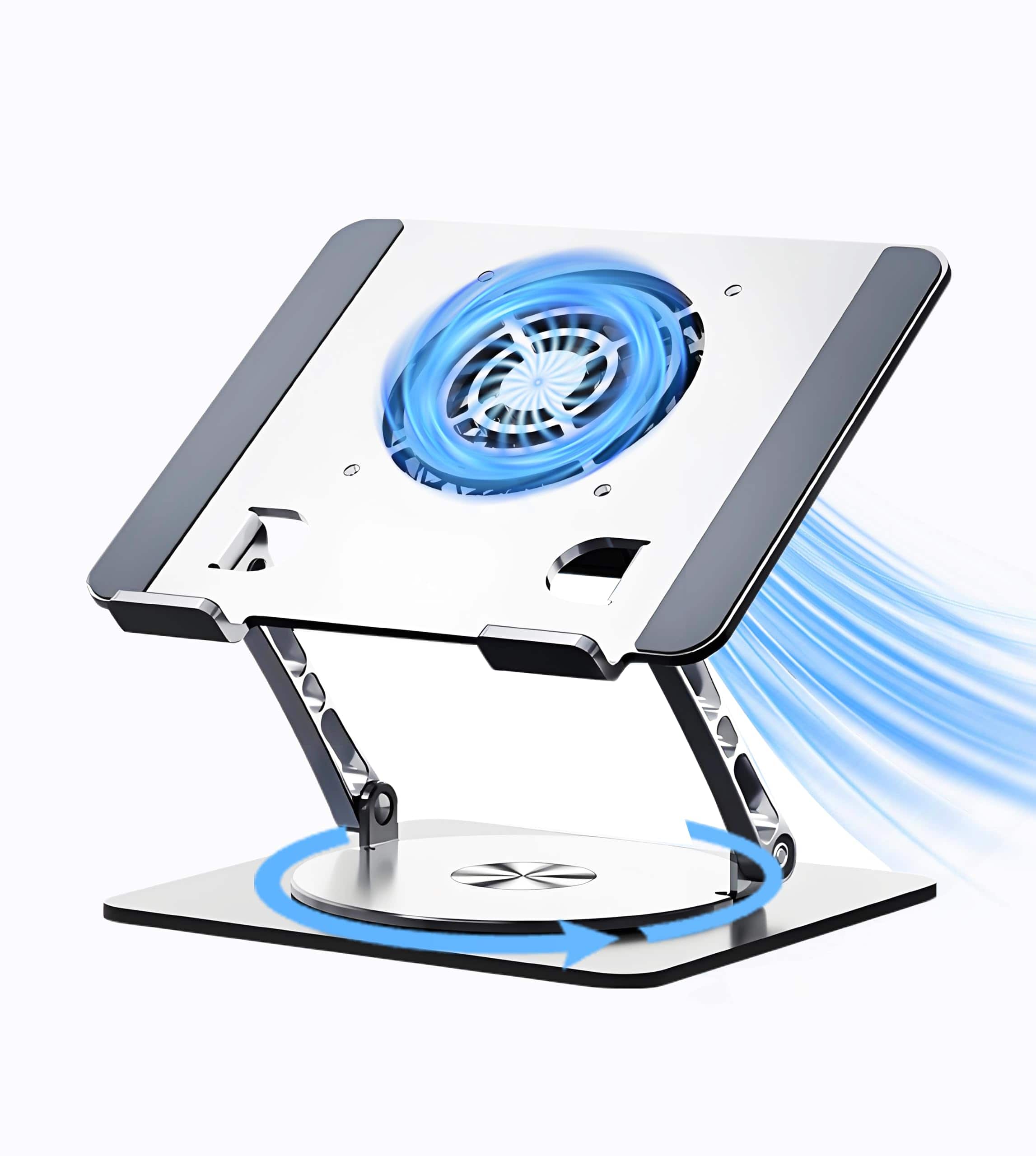 HongFei - Laptop Cooling Stand with Fan and 360° Rotating Base, Adjustable Height, for Desk Gaming/Office, Up to 17 Inches - Apple Silver