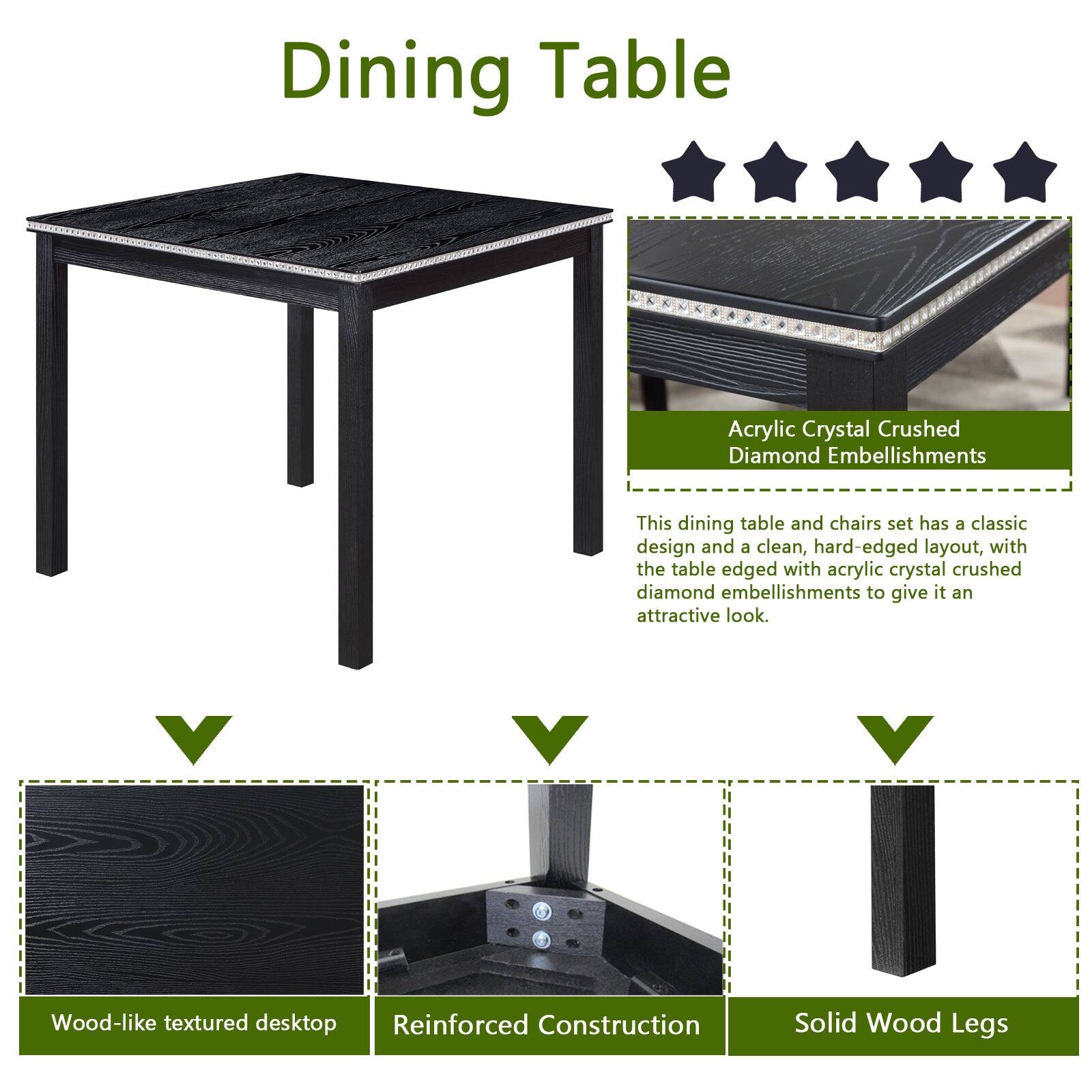 Dining Table

Acrylic Crystal Crushed Diamond Embellishments

This dining table and chairs set has a classic design and a clean, hard-edged layout, with the table edged with acrylic crystal crushed diamond embellishments to give it an attractive look.

- Wood-like textured desktop
- Reinforced Construction
- Solid Wood Legs