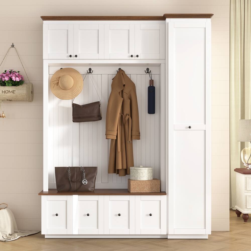 Angle. Loheer - Loheer White Hall Tree with Storage Bench Farmhouse Coat Rack 78.7 Inch - White.