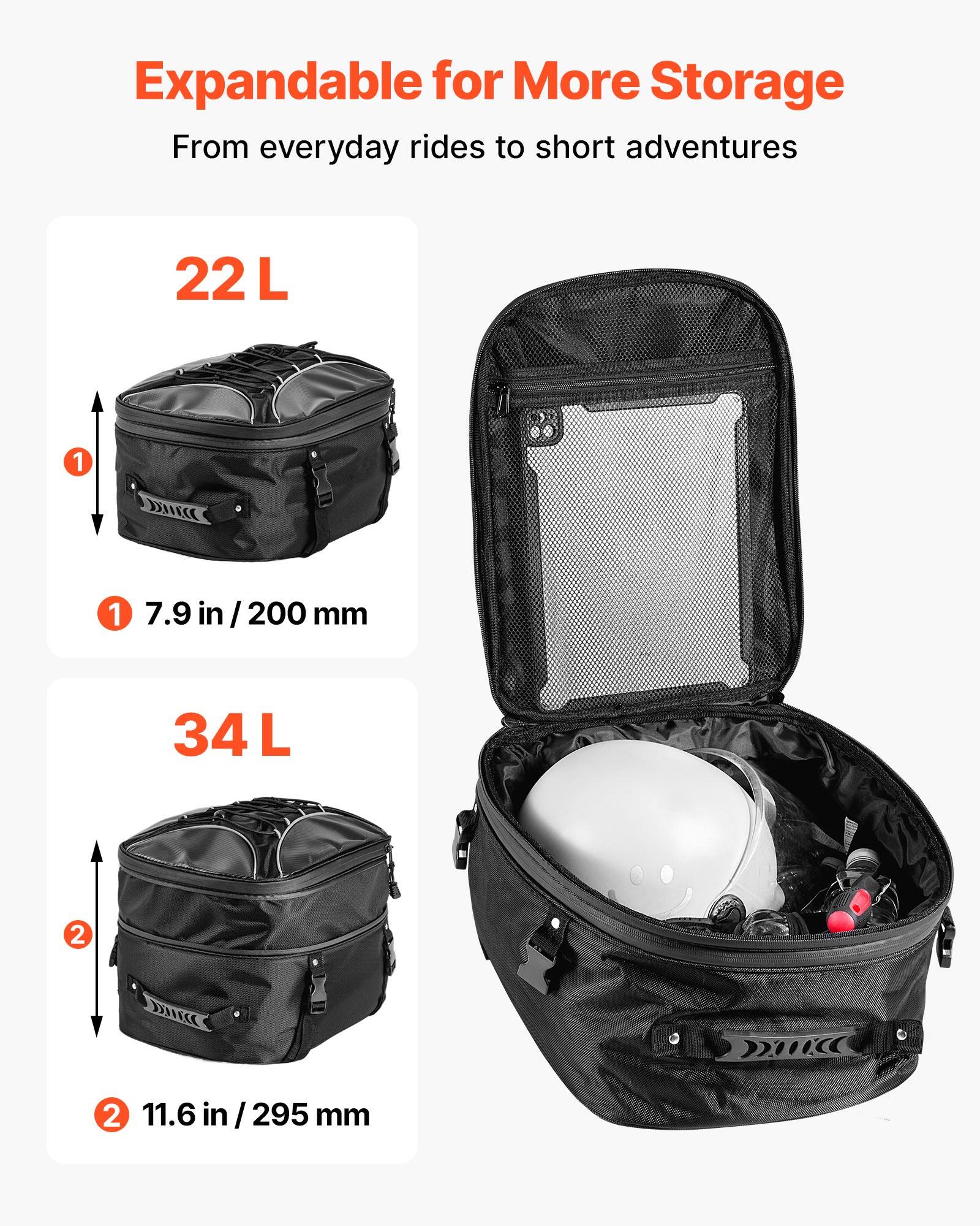 Expandable for More Storage  
From everyday rides to short adventures  

22 L  
1. 7.9 in / 200 mm  

34 L  
2. 11.6 in / 295 mm
