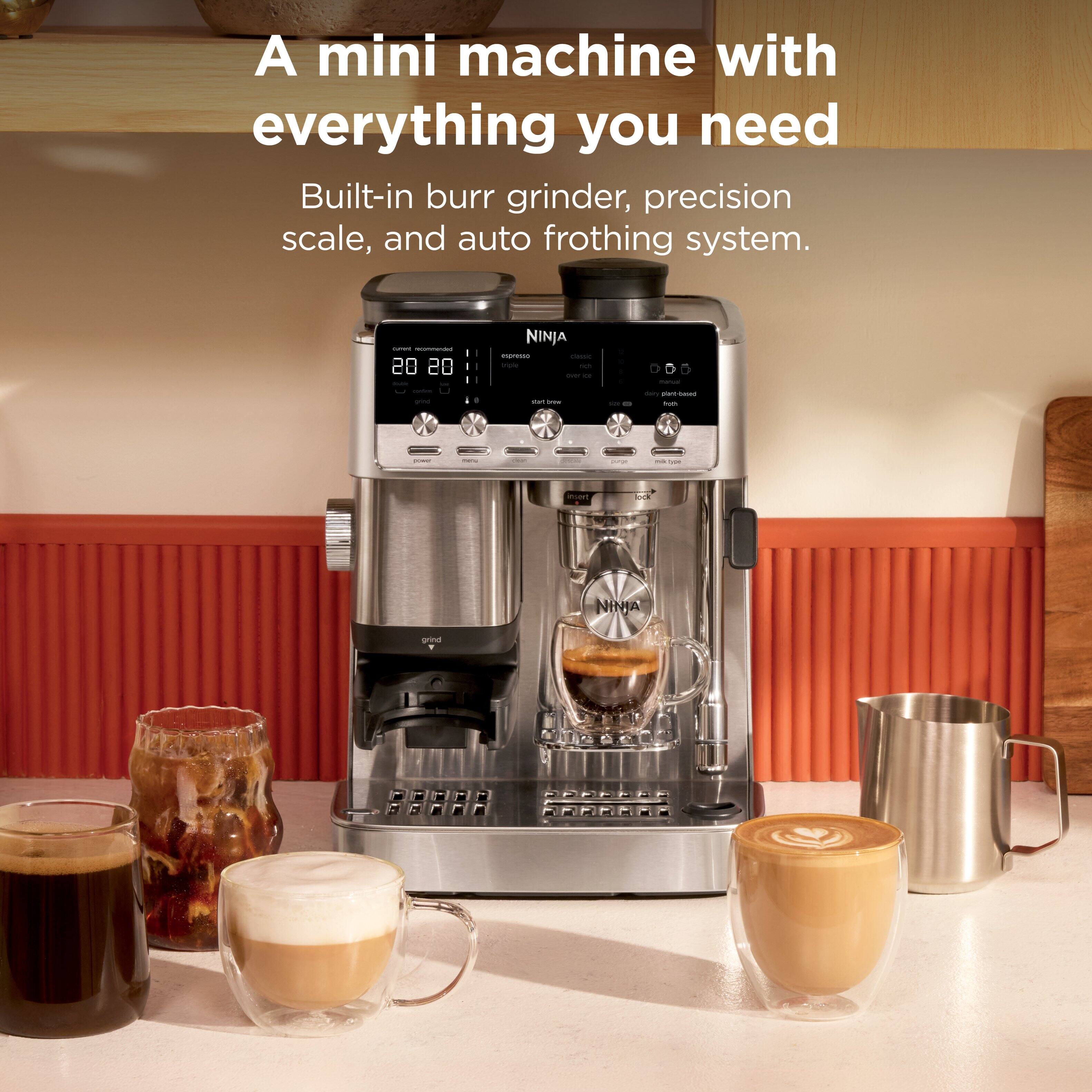 A mini machine with everything you need  
Built-in burr grinder, precision scale, and auto frothing system.