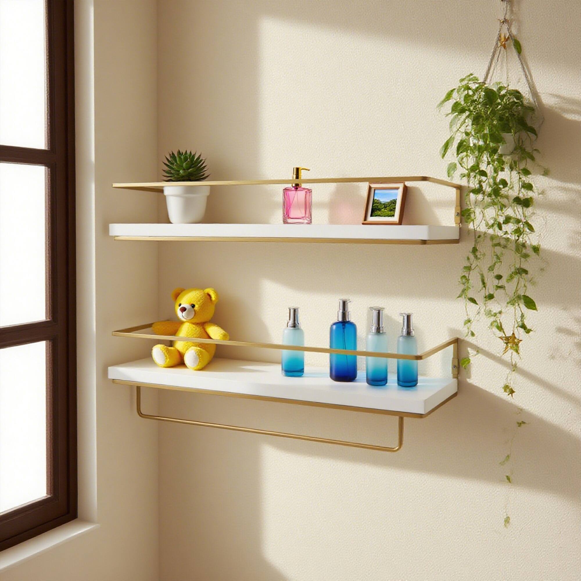 Alt View 1. Dazzed Corner - Floating Shelves - Set of 2, Wall Mounted Hanging Shelves with Golden Towel Rack. - White.