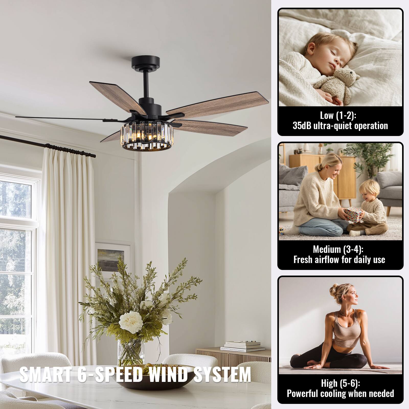 SMART 6-SPEED WIND SYSTEM

Low (1-2): 35dB ultra-quiet operation

Medium (3-4): Fresh airflow for daily use

High (5-6): Powerful cooling when needed