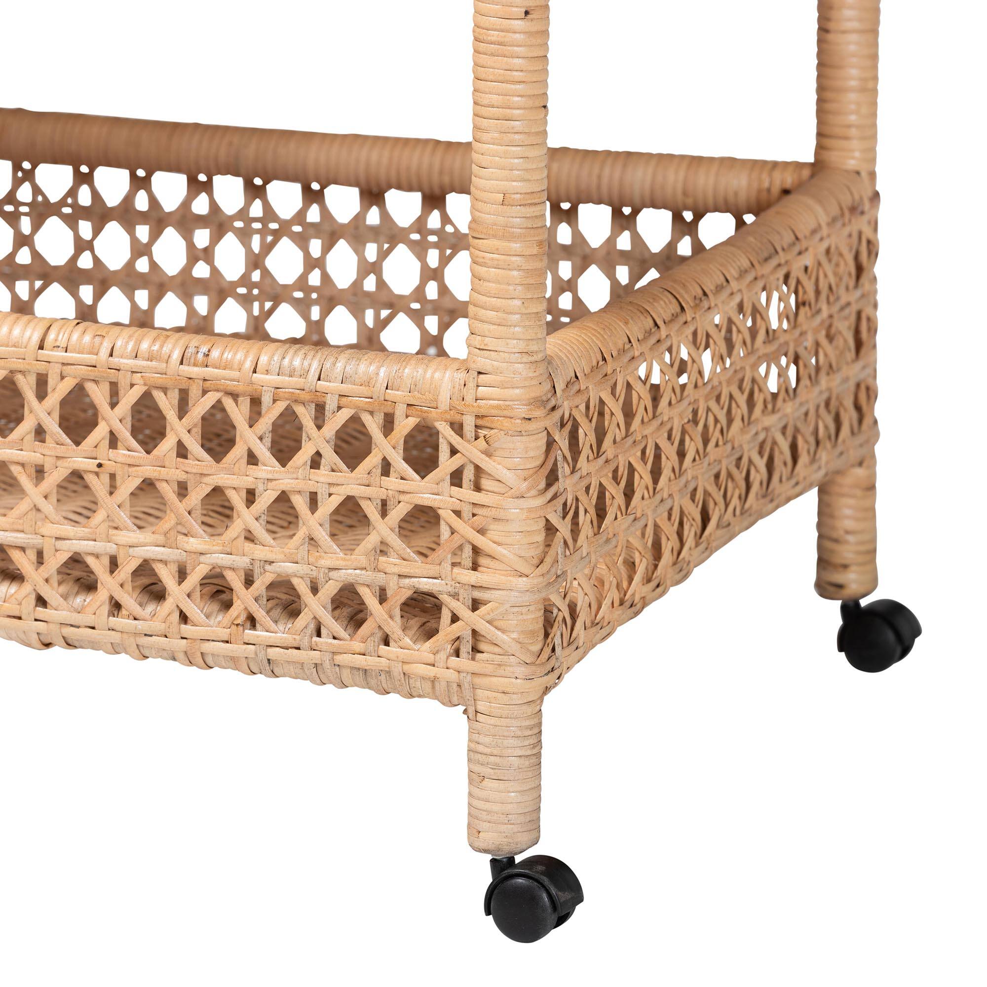 Alt View 2. bali & pari - Alaina Natural Rattan Kitchen Cart - 2-Tier Handwoven Wicker Storage Trolley with Handle for Kitchen or Lounge - Natural Rattan.
