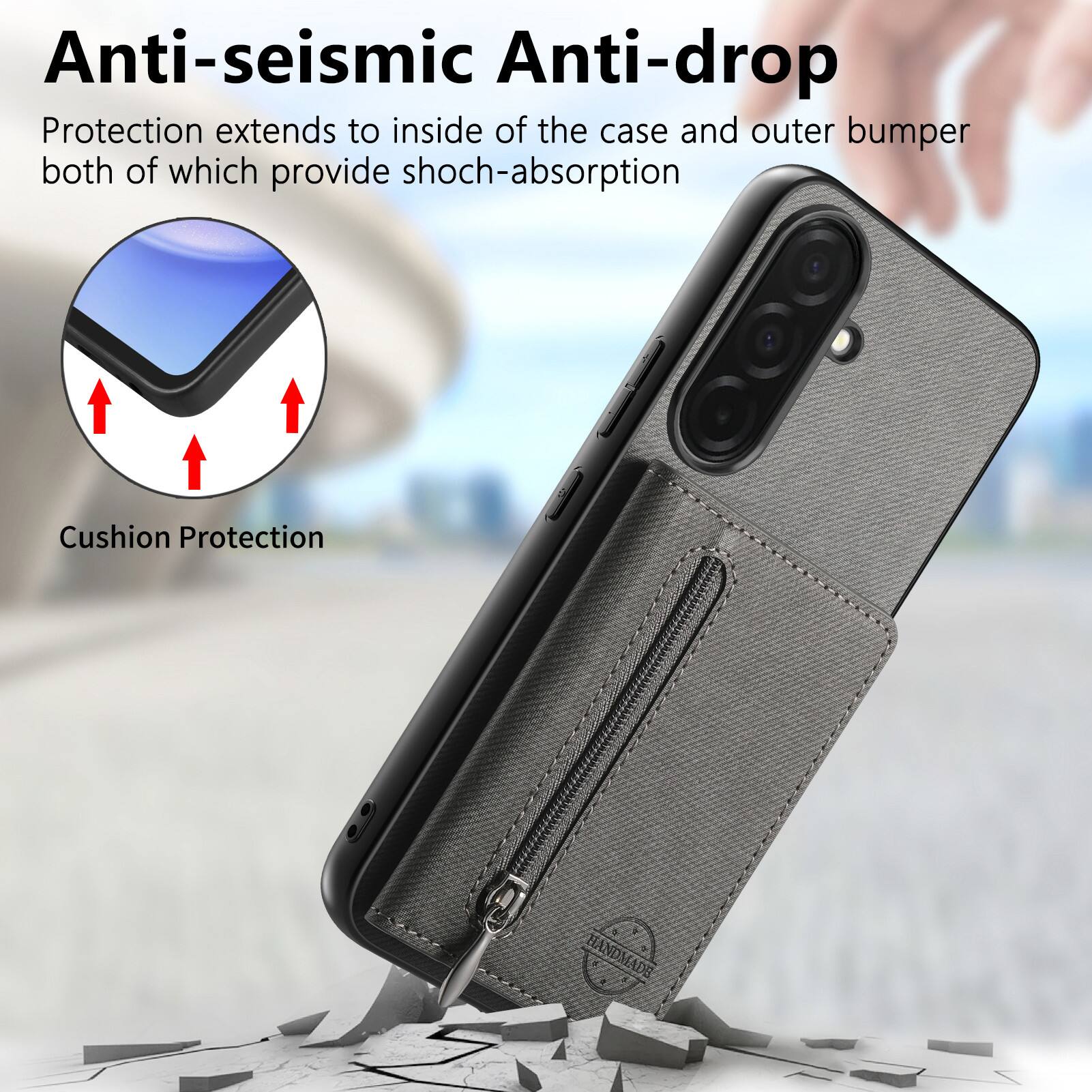 Anti-seismic Anti-drop Protection extends to inside of the case and outer bumper both of which provide shock-absorption Cushion Protection HANDMADE