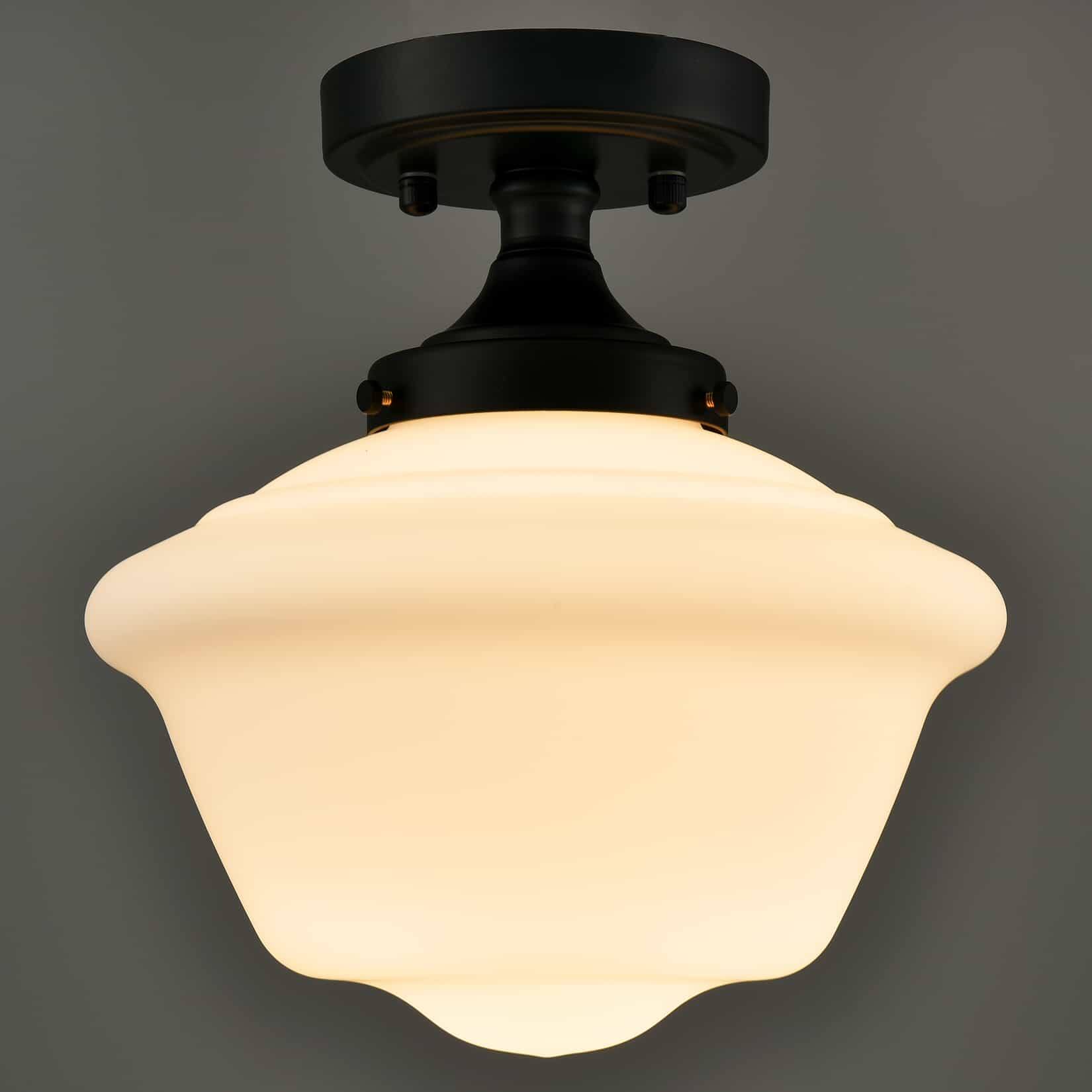Alt View 3. MOOSE - Salina Schoolhouse Semi-Flush Mount Ceiling Light with Milk Glass Shade - Black.