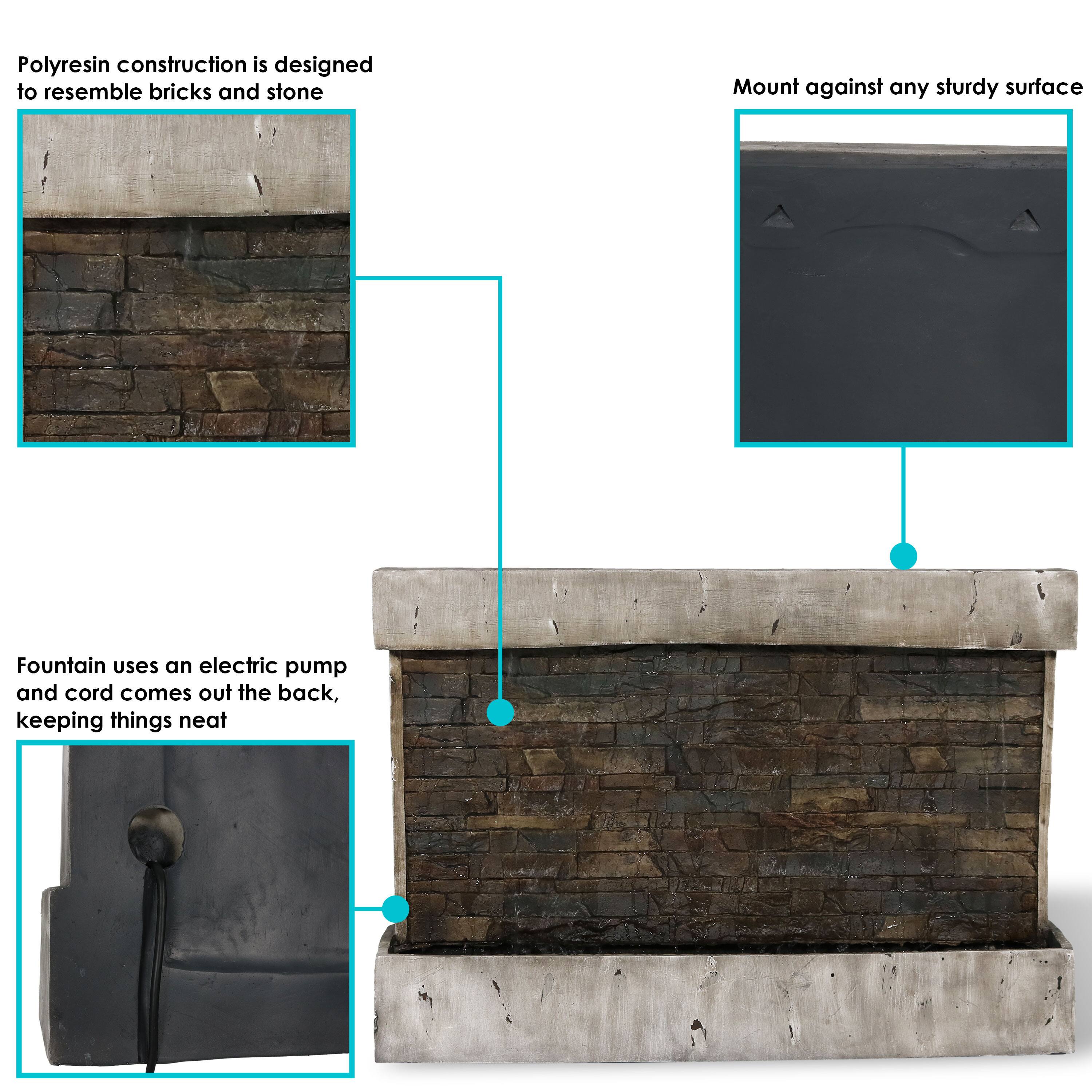 Polyresin construction is designed to resemble bricks and stone.

Mount against any sturdy surface.

Fountain uses an electric pump and cord comes out the back, keeping things neat.