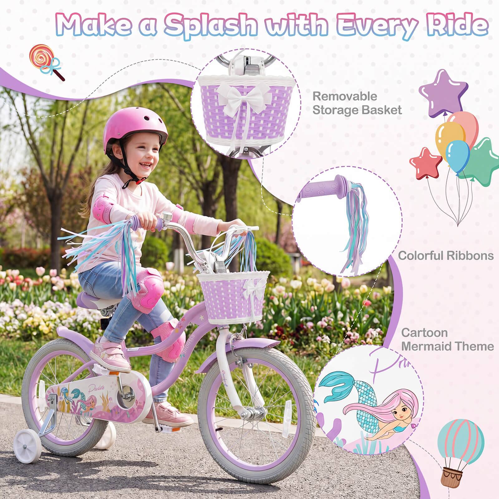 Make a Splash with Every Ride  
Removable Storage Basket  
Colorful Ribbons  
Cartoon Mermaid Theme