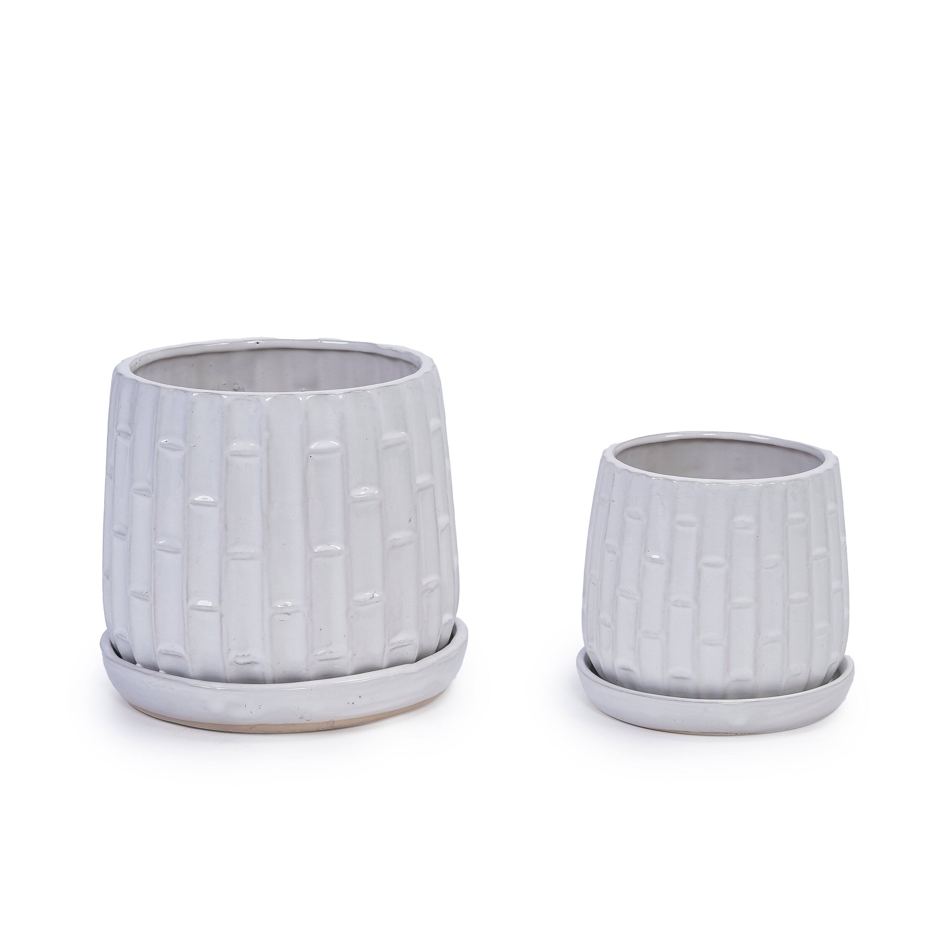 Alt View 2. Loheer - Loheer Orchid Pot Set White Ceramic Planters Set of 2, Handmade Glazed Bamboo Pattern, 6 in 8 in Indoor Outdoor.