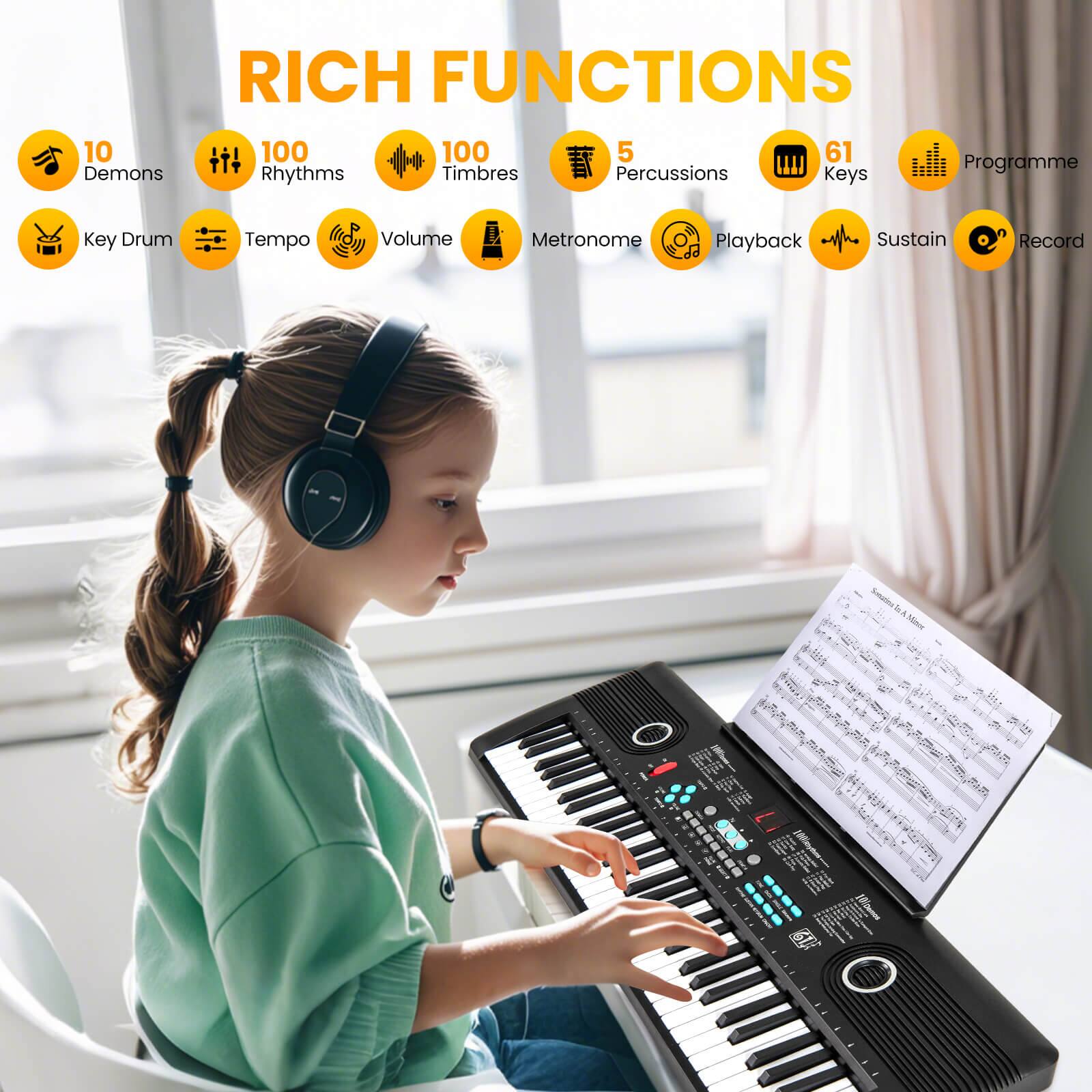 RICH FUNCTIONS

- 10 Demons
- 100 Rhythms
- 100 Timbres
- 5 Percussions
- 61 Keys
- Programme
- Key Drum
- Tempo
- Volume
- Metronome
- Playback
- Sustain
- Record