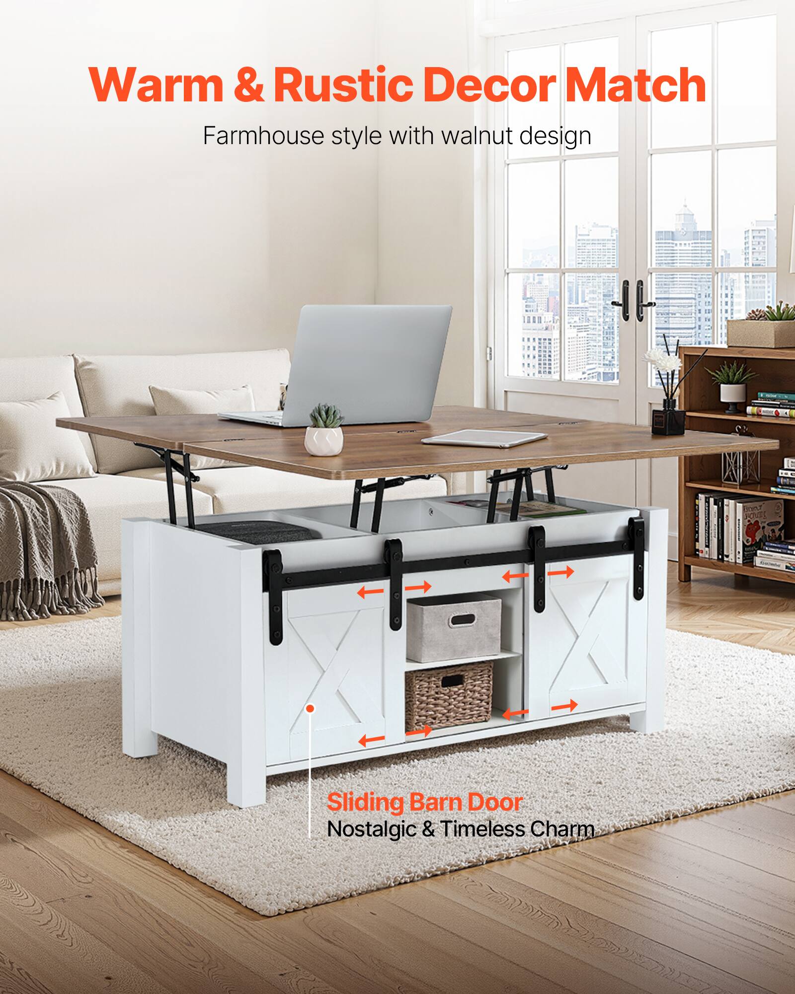 Warm & Rustic Decor Match  
Farmhouse style with walnut design  

Sliding Barn Door  
Nostalgic & Timeless Charm