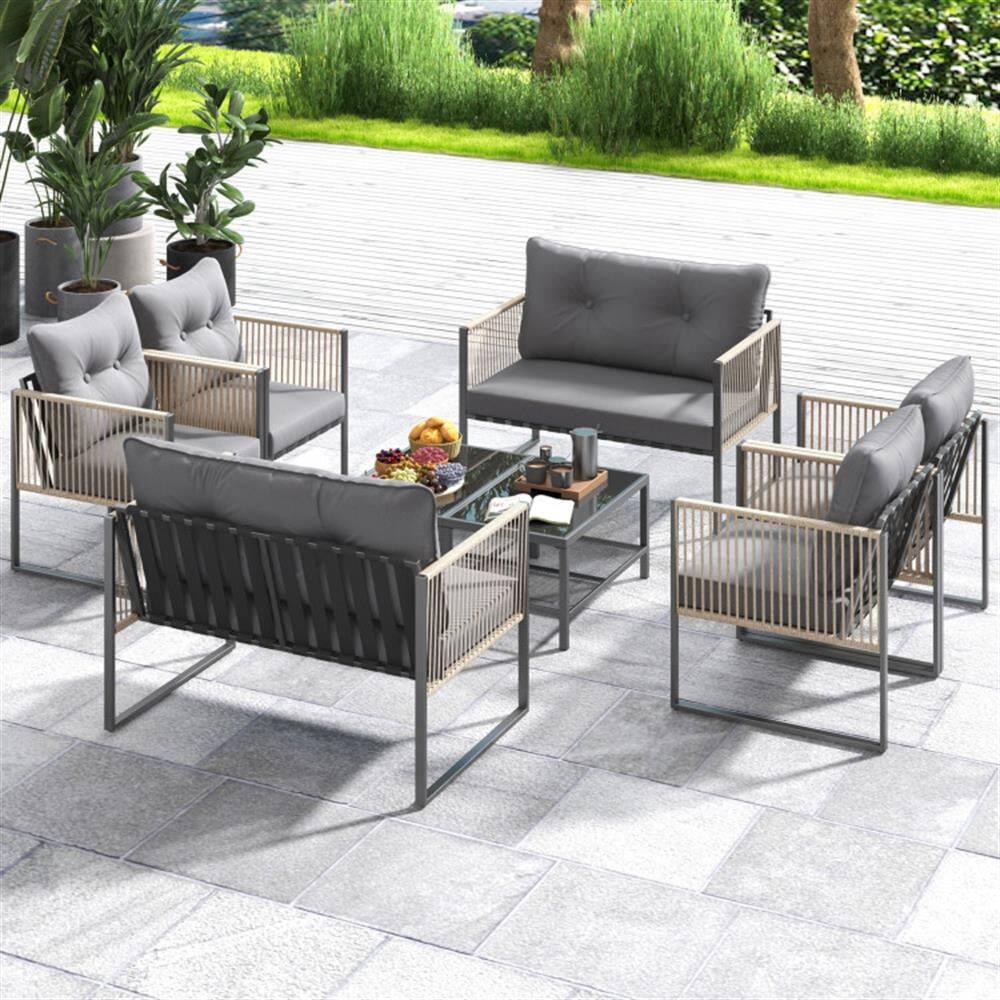 Back. Kadyn - Patio Furniture Sets,Outdoor & Patio Furniture Sets,4 Pieces Outdoor PE Rattan Conversation Sofa Set with Cushions-Grey - Gray.