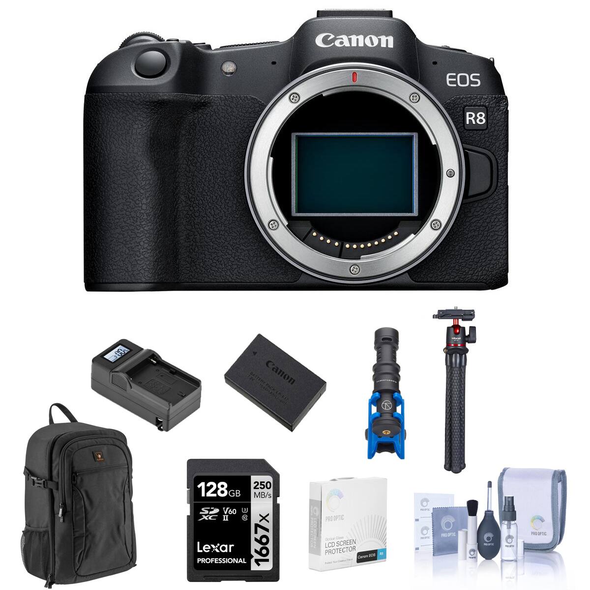 Canon EOS R8

$ BATTERY PACK Canon

128GB 250 MB/s SD V60 U XC II @ X Lexar PROFESSIONAL 1667x

PRO OPTIC LCD SCREEN PROTECTOR 50% 22

NEW OFIC SOFT MEXIC