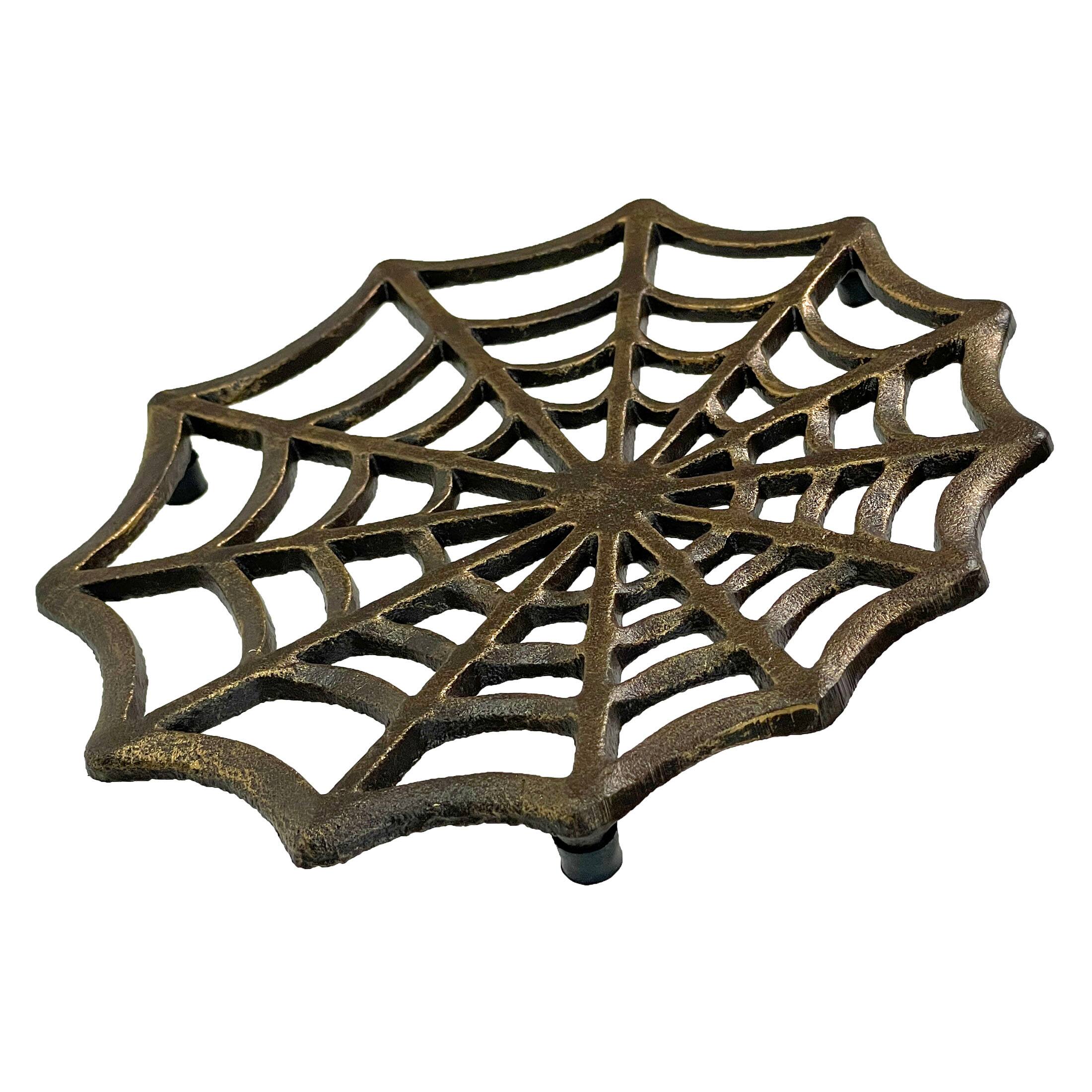 Alt View 1. Zeckos - Cast Iron Spider Web Trivet 8" Bronze Gothic Decor, Kitchen Heat Resistant Mat - Bronze.