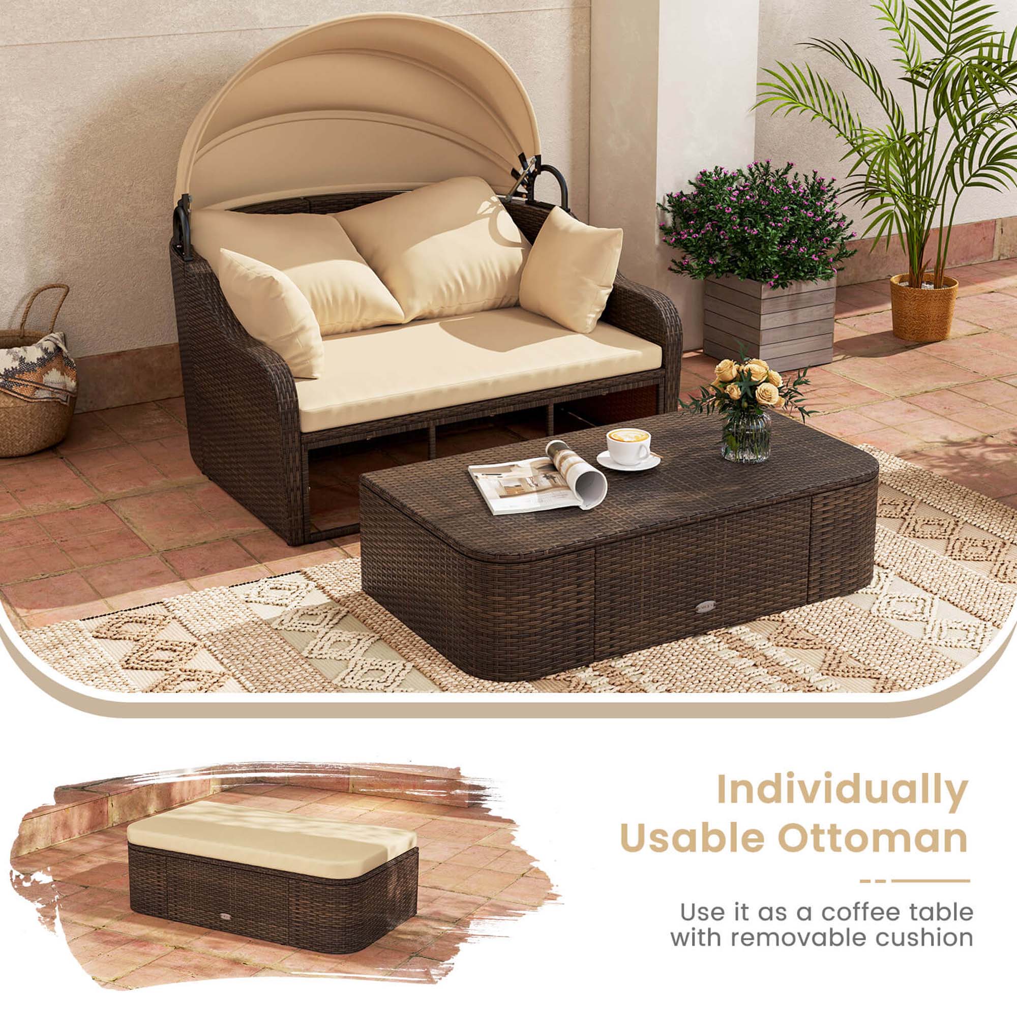 Individually Usable Ottoman: Use it as a coffee table with a removable cushion.